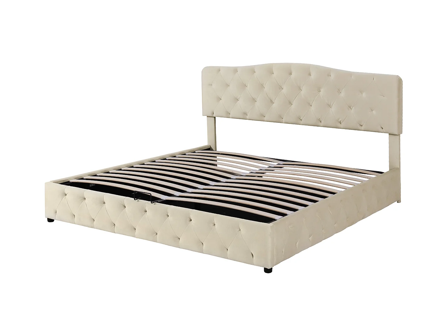 lit coffre adulte 180x200cm beige en velour, tête de lit réglable en hauteur, sans matelas