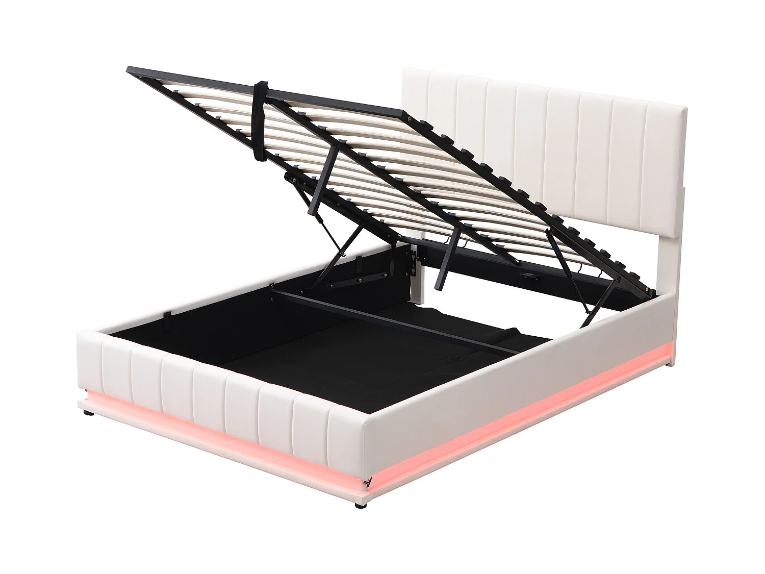 Lit coffre adulte140x200cm, LED, lit adulte double, tête de lit réglable en hauteur, sans matelas, blanc