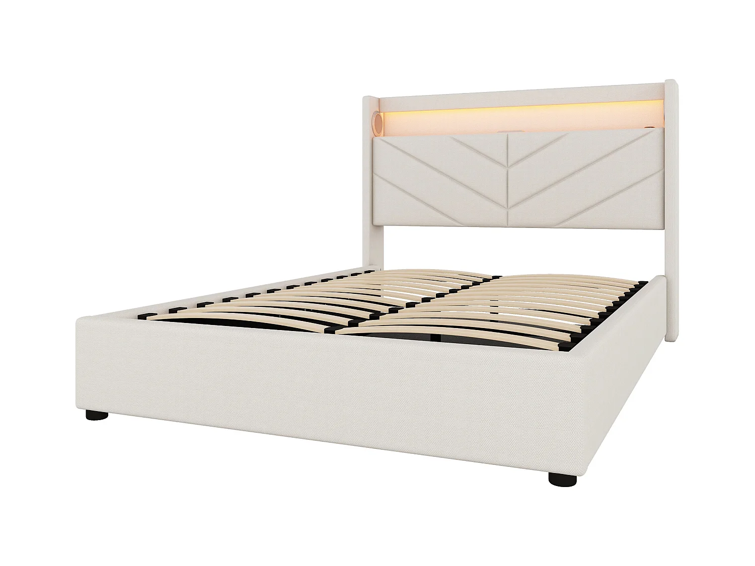 Cama baú casal 140x190 cm com LED e alto-falantes embutidos, linho bege, sem colchão
