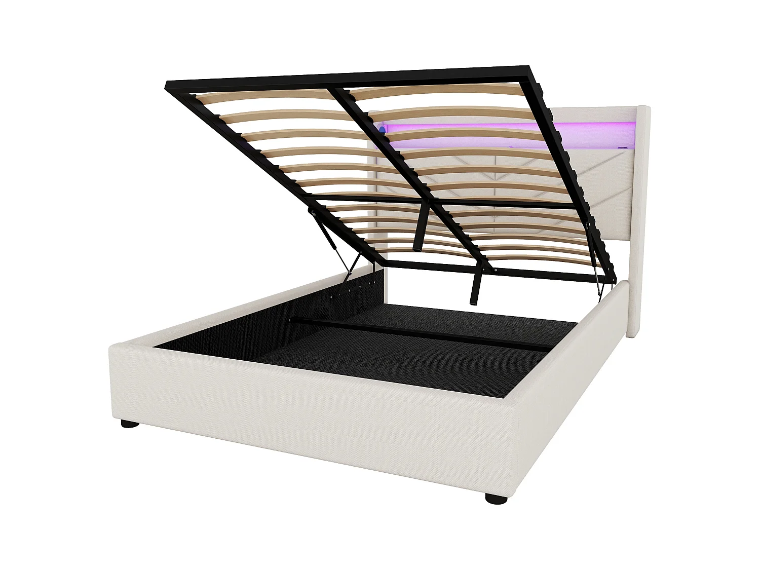 Cama baú casal 140x190 cm com LED e alto-falantes embutidos, linho bege, sem colchão