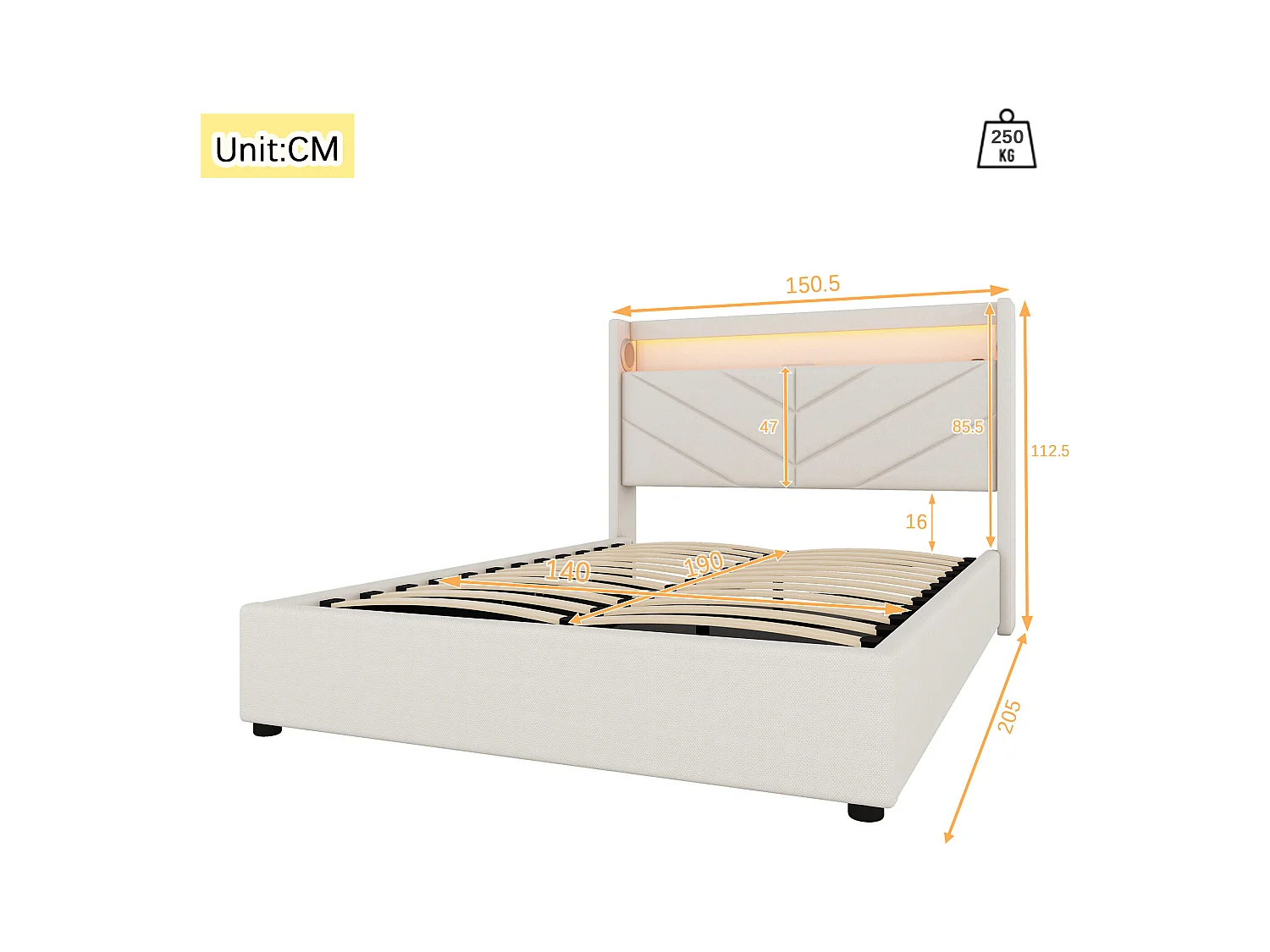 Cama baú casal 140x190 cm com LED e alto-falantes embutidos, linho bege, sem colchão
