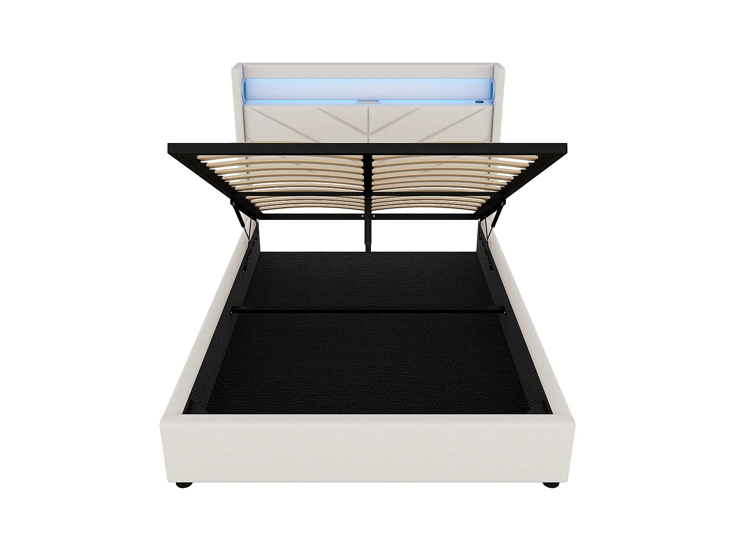 Cama baú casal 140x190 cm com LED e alto-falantes embutidos, linho bege, sem colchão