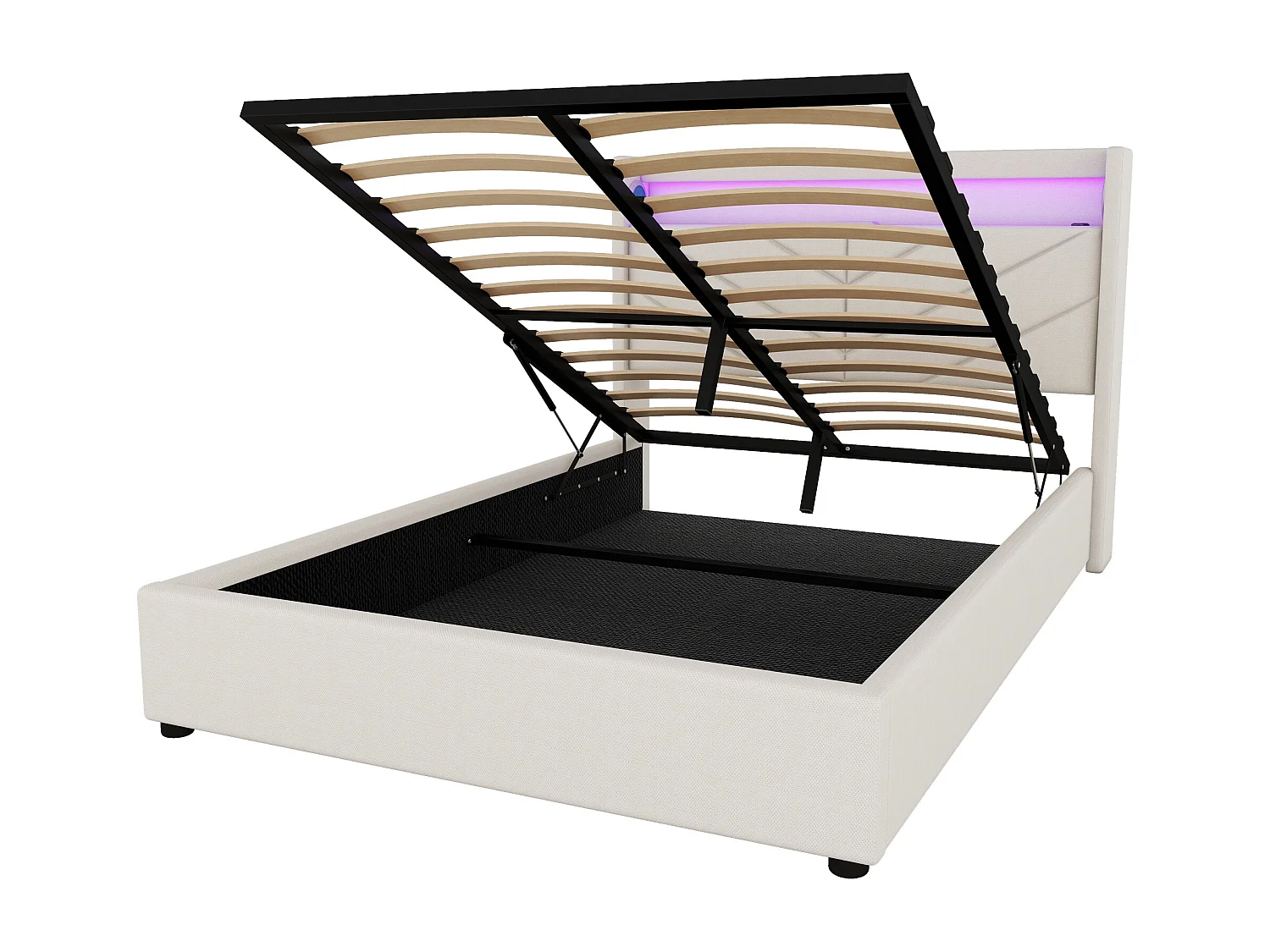 Lit coffre adulte 140x190cm avec LED et haut-parleurs dissimulés, lin, beige, sans matelas