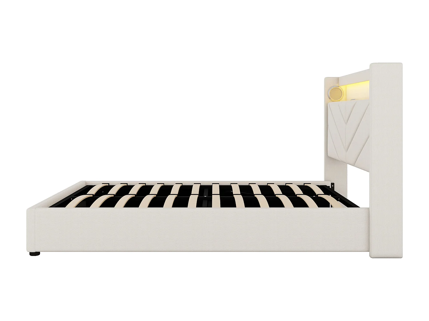 Lit coffre adulte 140x190cm avec LED et haut-parleurs dissimulés, lin, beige, sans matelas