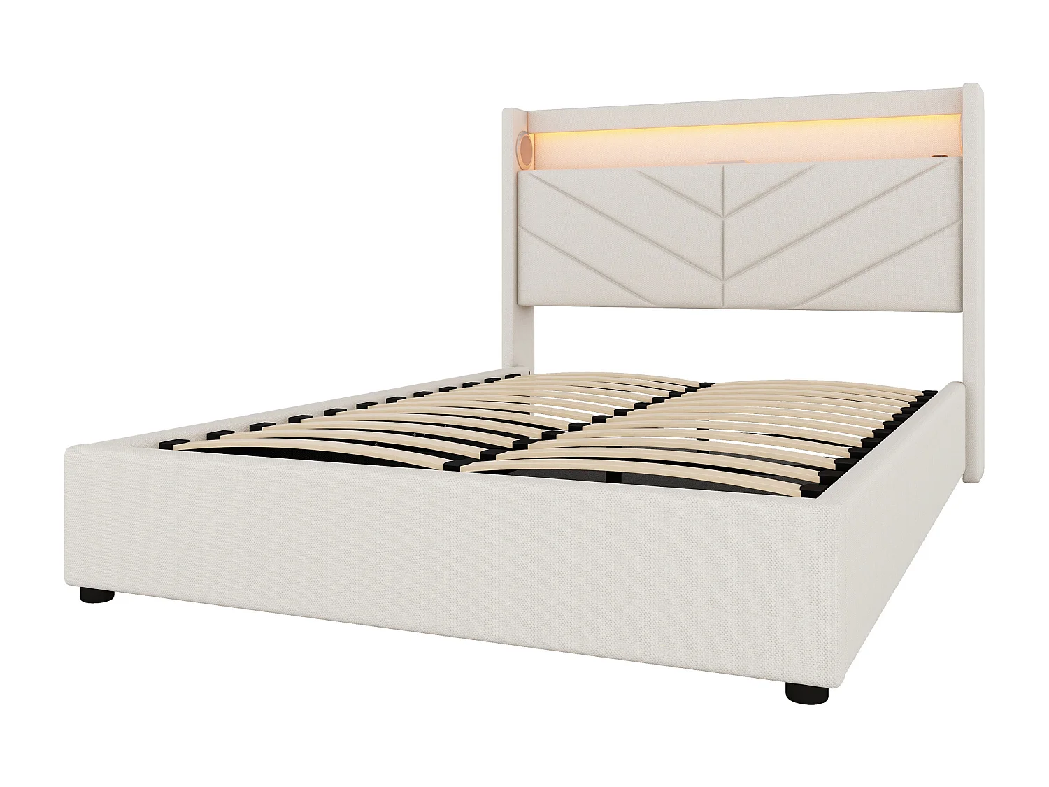 Lit coffre adulte 140x190cm avec LED et haut-parleurs dissimulés, lin, beige, sans matelas