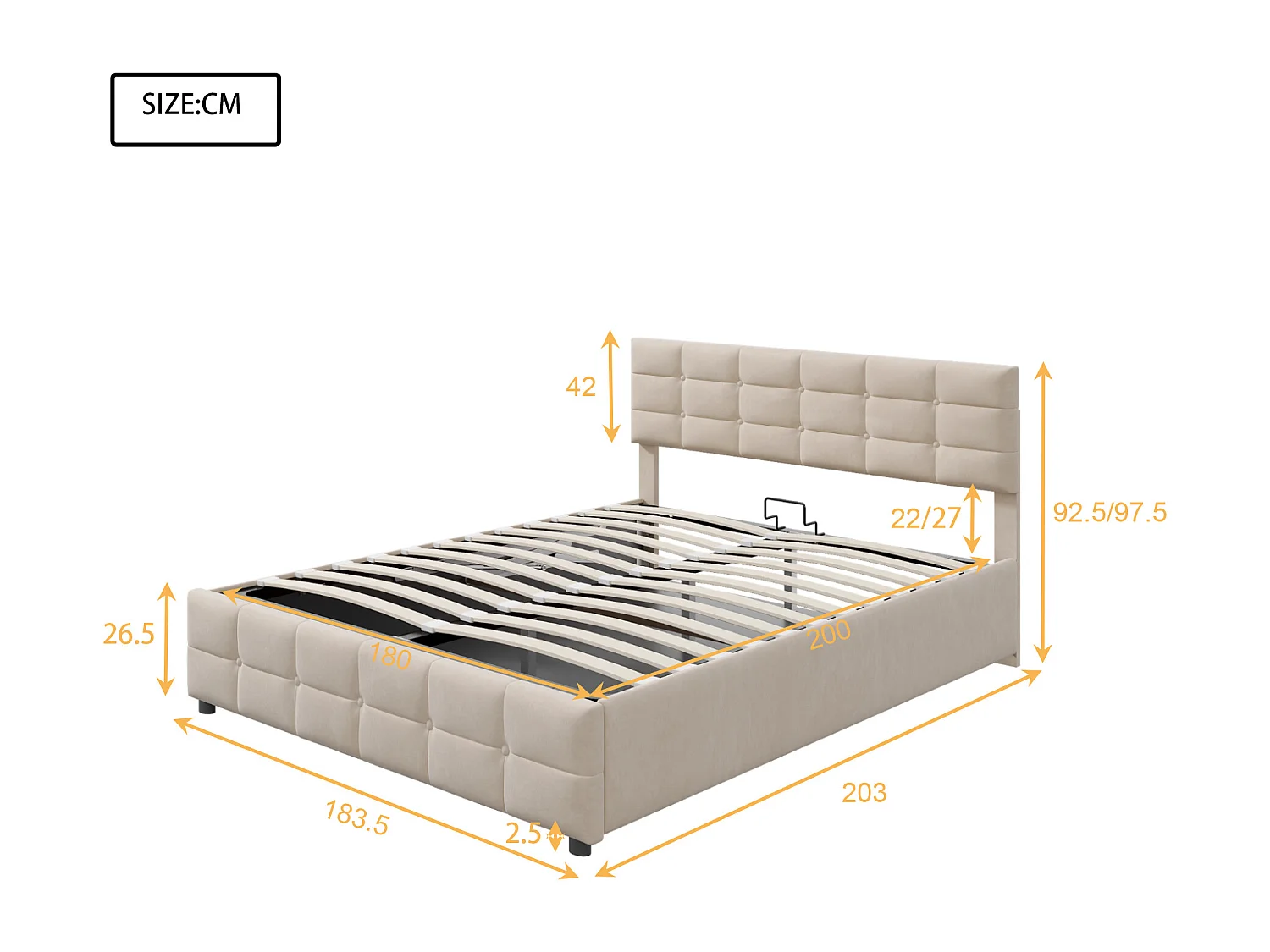 Lit coffre adulte 180x200cm, tissu velours hollandais, sommier à lattes, sans matelas, beige