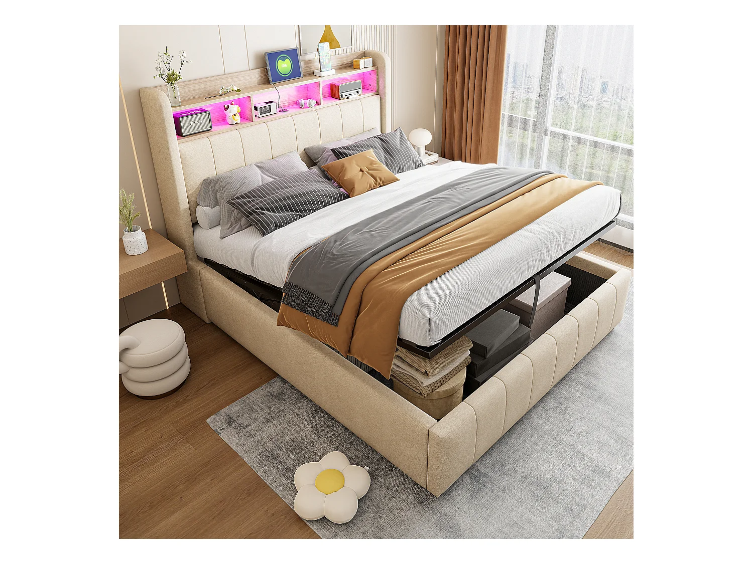 Lit coffre adulte 140x200cm avec LED et USB Type-C, lin, beige, sans matelas