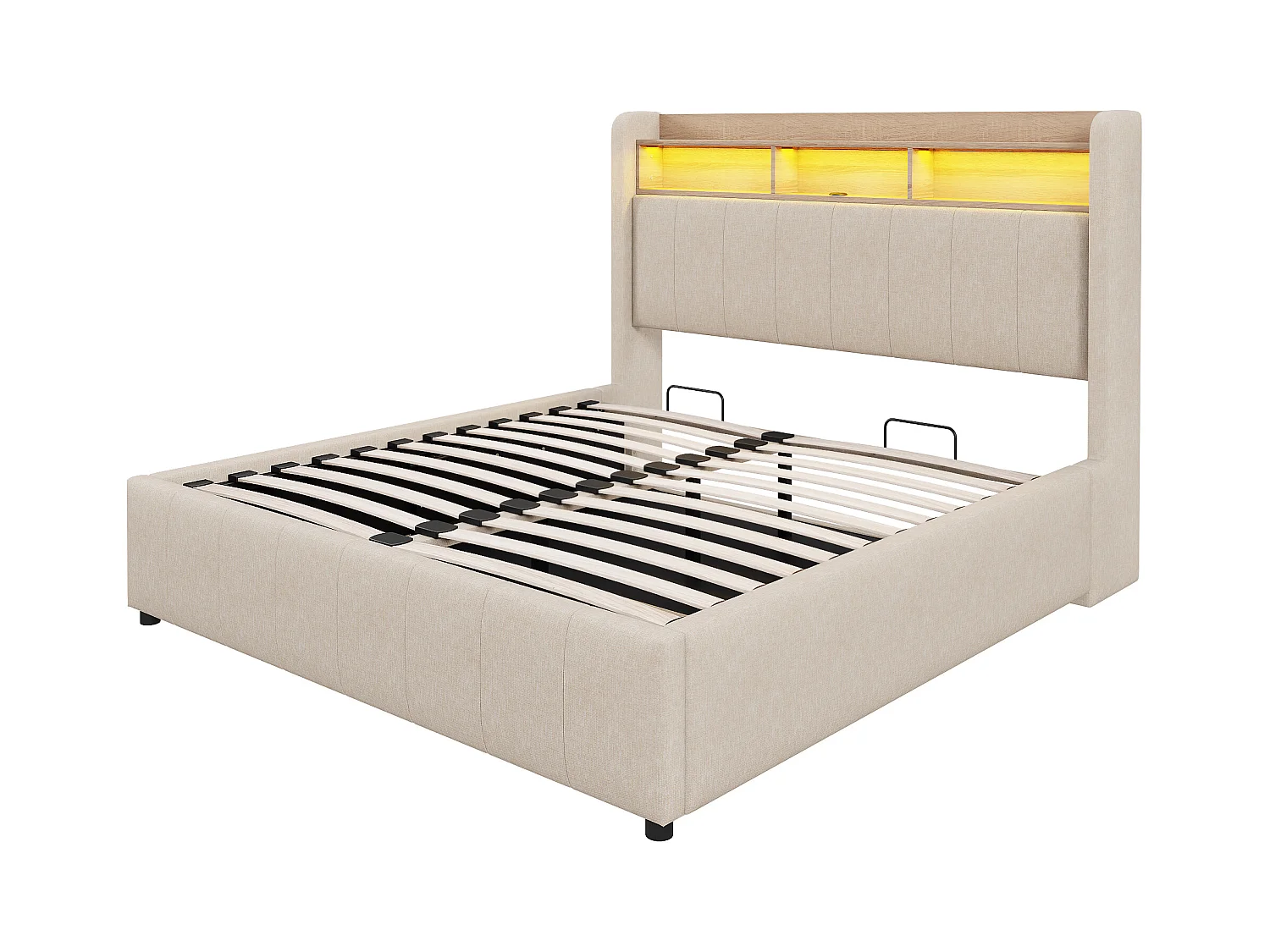 Lit coffre adulte 140x200cm avec LED et USB Type-C, lin, beige, sans matelas