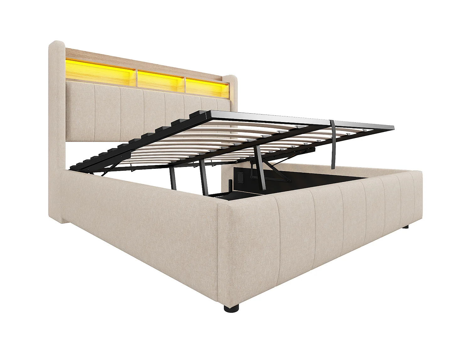 Lit coffre adulte 140x200cm avec LED et USB Type-C, lin, beige, sans matelas