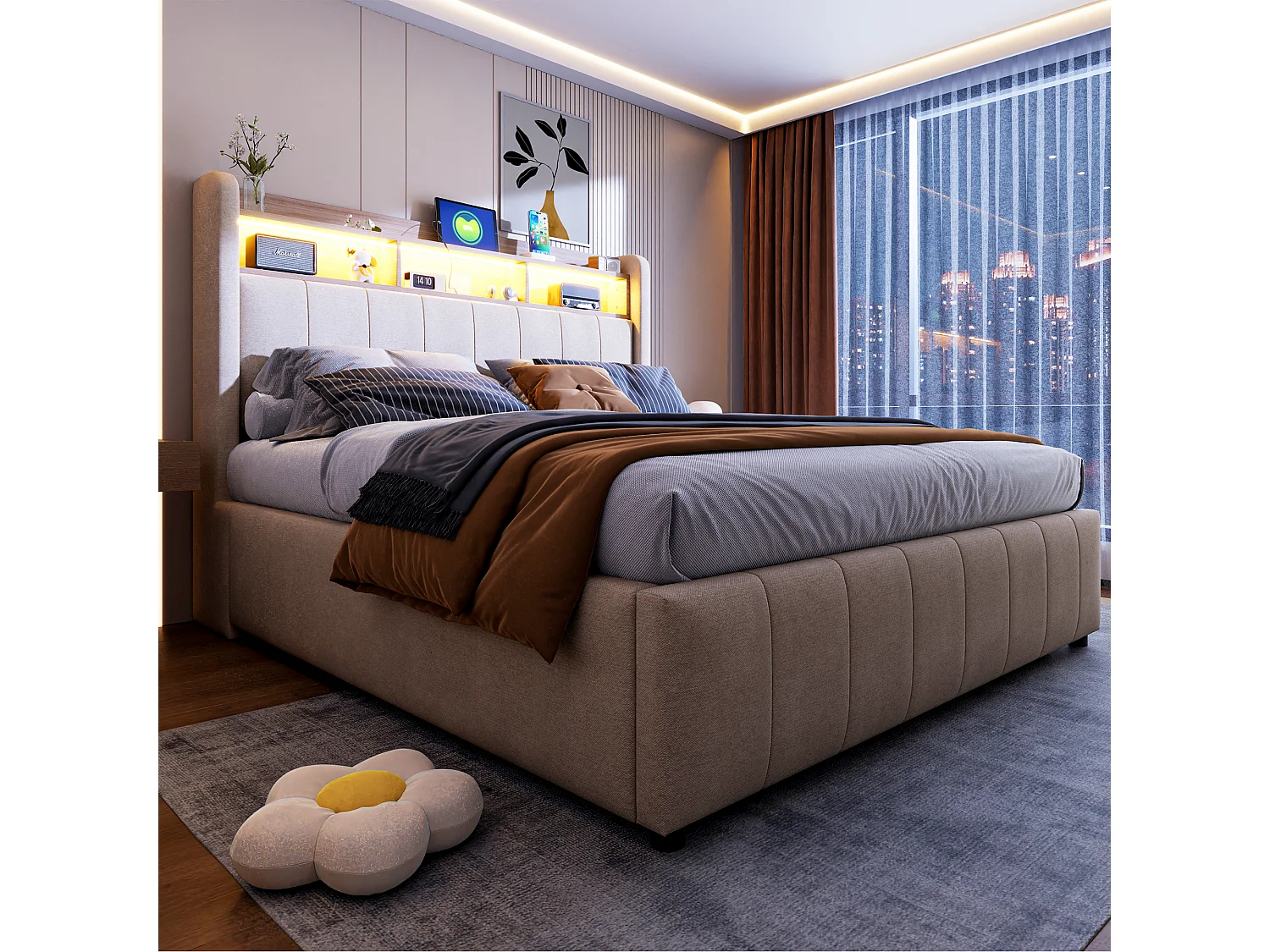 Tweepersoonsbed met opbergruimte 140x200 cm, met LED en USB Type-C, linnen beige, zonder matras