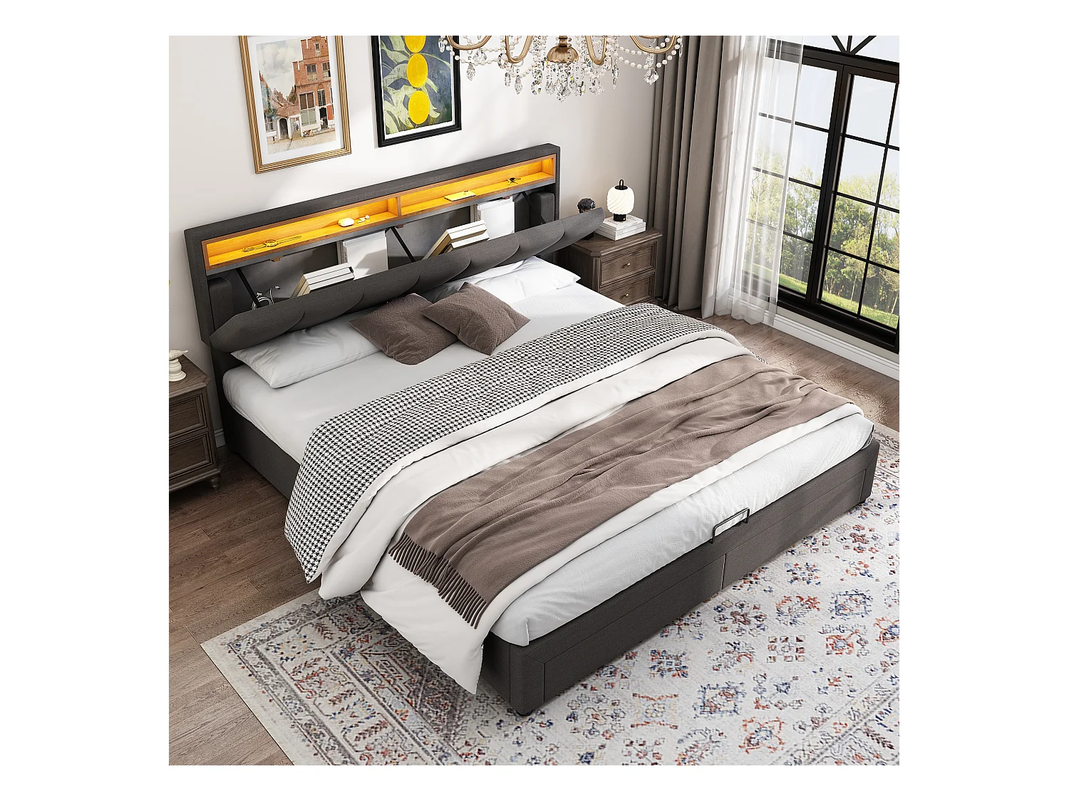 Lit coffre adulte 180x200cm avec LED et 2 tiroirs, lin, gris, sans matelas