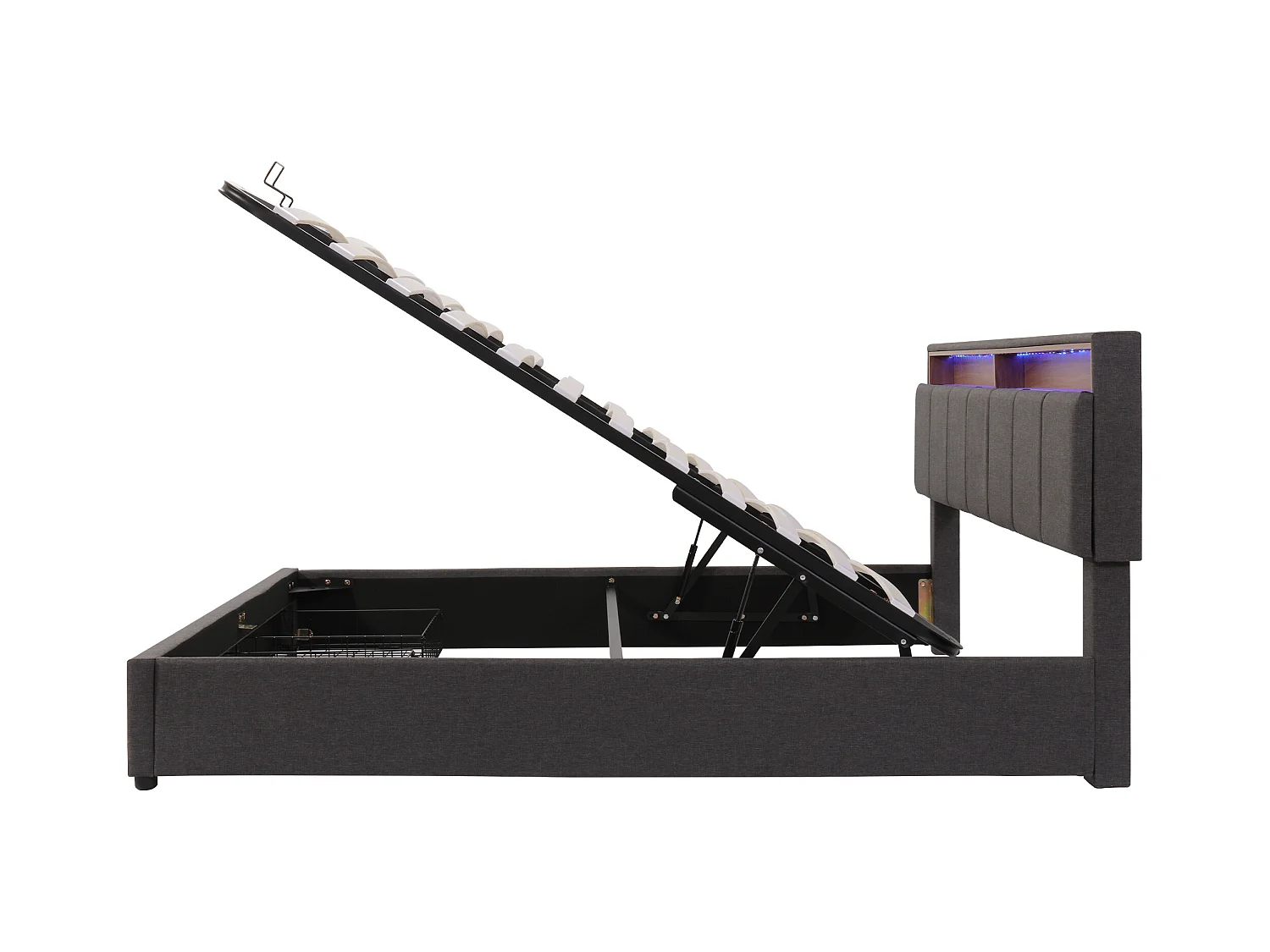 Lit coffre adulte 180x200cm avec LED et 2 tiroirs, lin, gris, sans matelas