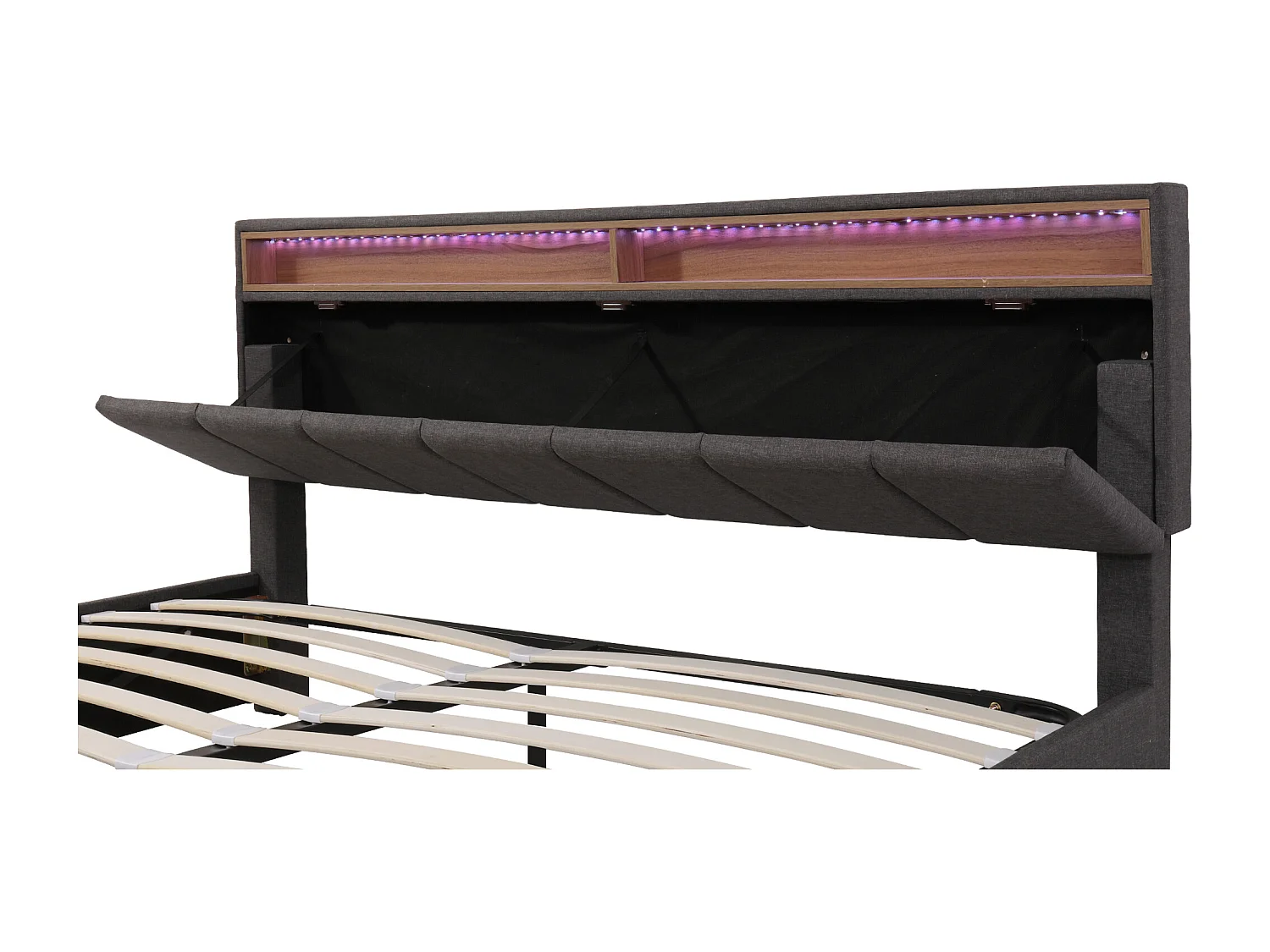 Cama baú casal 180x200 cm com LED e 2 gavetas, linho cinza, sem colchão