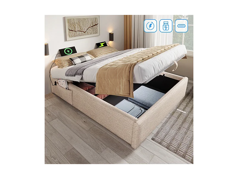 Lit coffre adulte 140x200cm sans Tête de lit, lin, beige, sans matelas