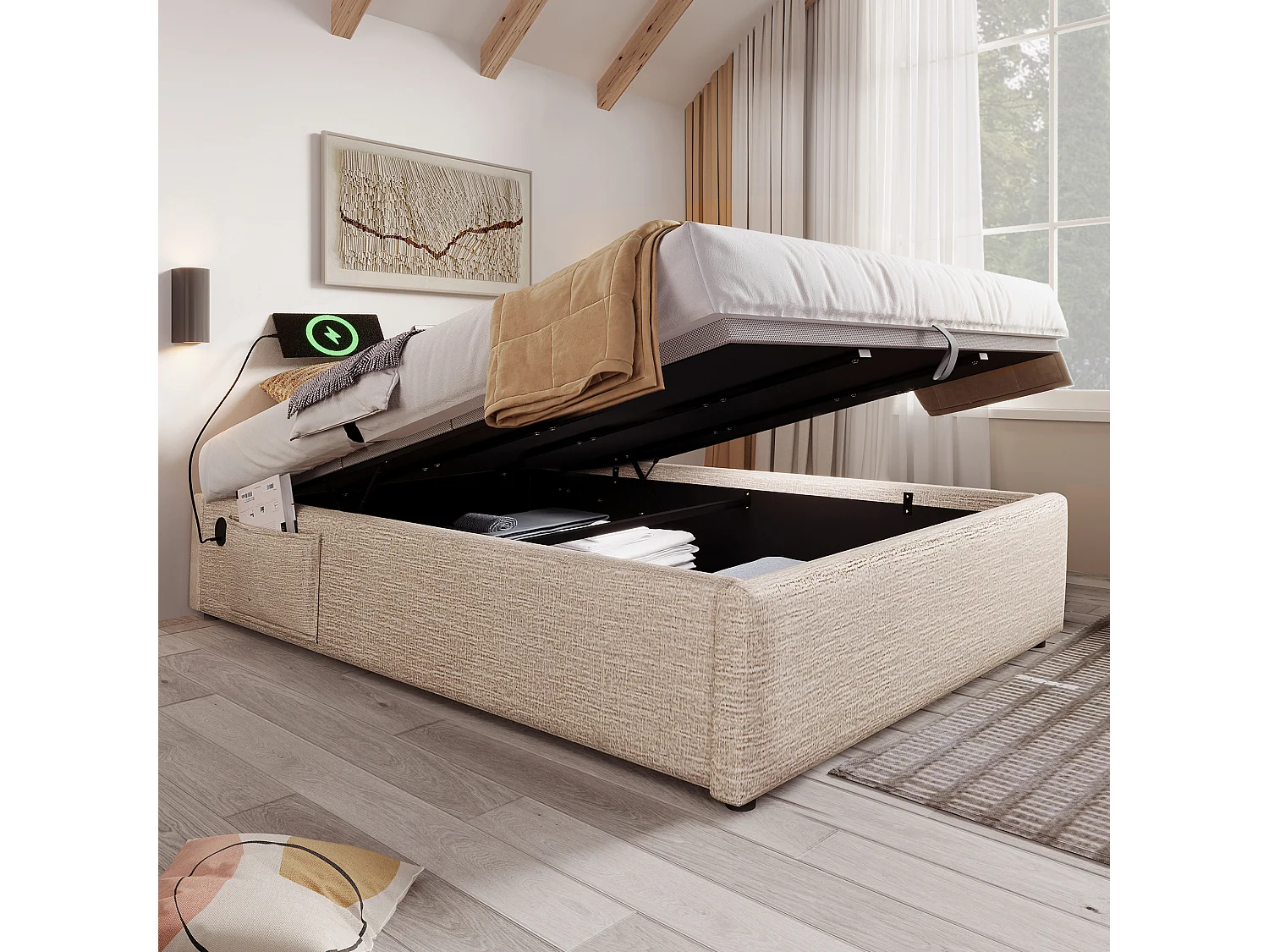 Lit coffre adulte 140x200cm sans Tête de lit, lin, beige, sans matelas