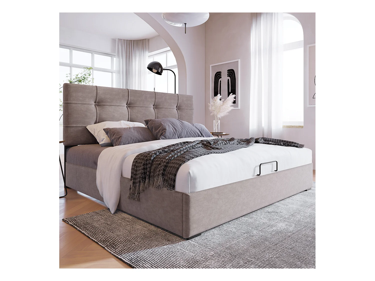 Lit coffre adulte 140x200cm gris clair en velours, tête de lit réglable en hauteur, sans matelas