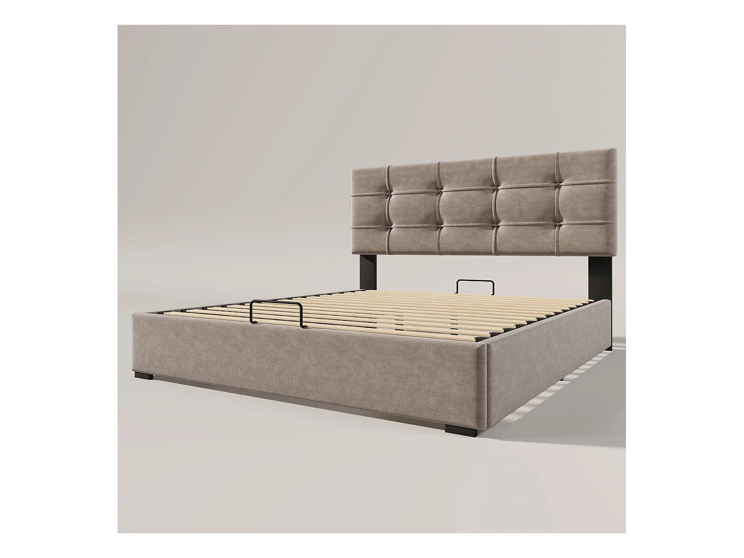 Lit coffre adulte 140x200cm gris clair en velours, tête de lit réglable en hauteur, sans matelas