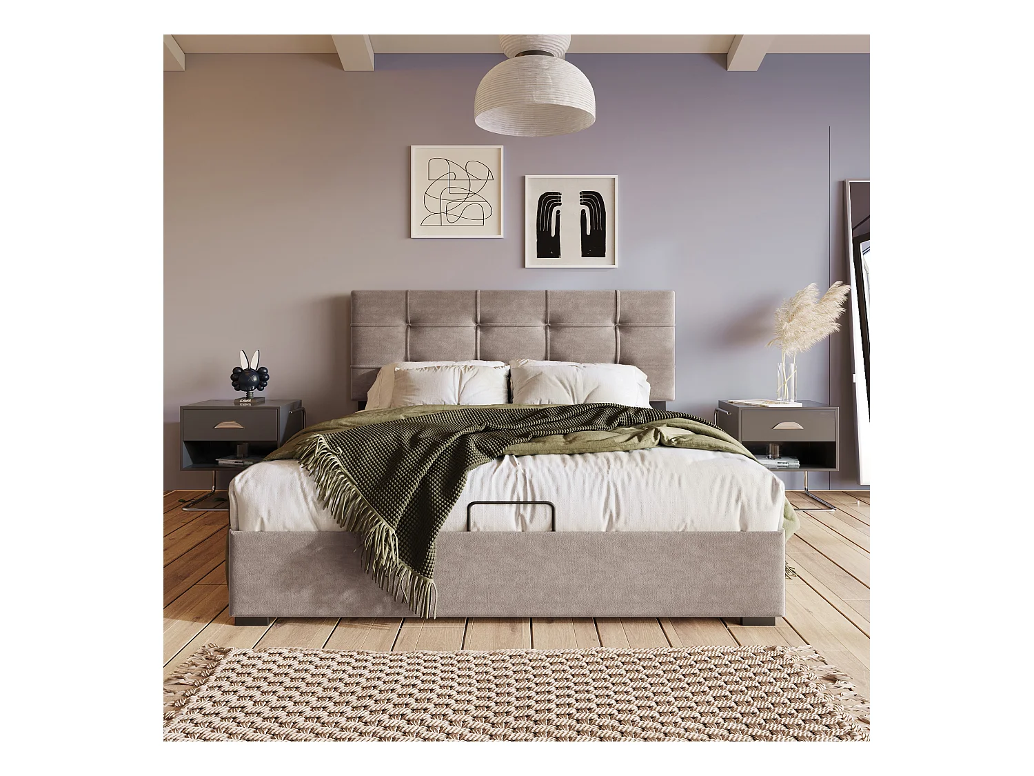 Lit coffre adulte 140x200cm gris clair en velours, tête de lit réglable en hauteur, sans matelas