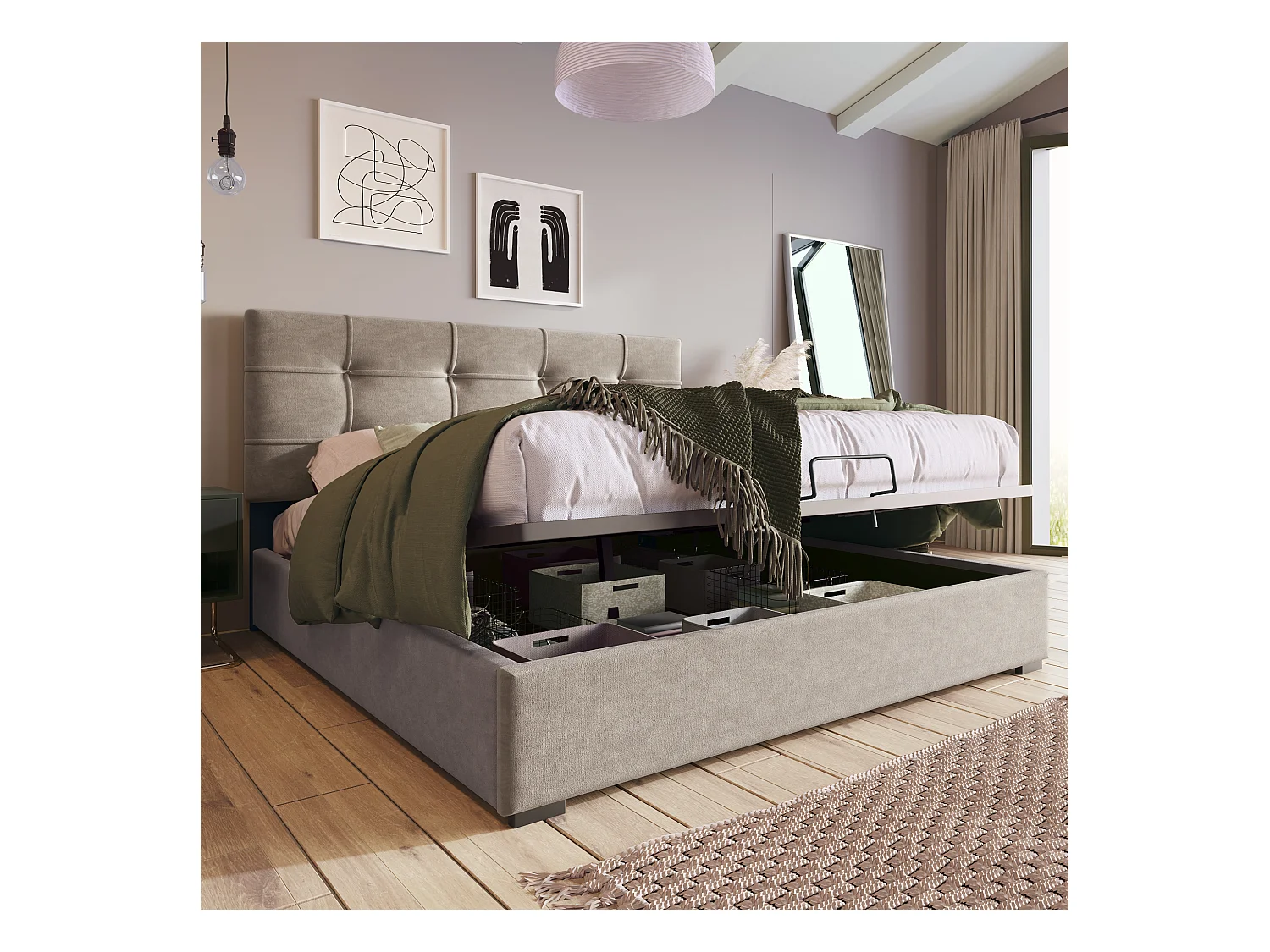 Lit coffre adulte 140x200cm gris clair en velours, tête de lit réglable en hauteur, sans matelas