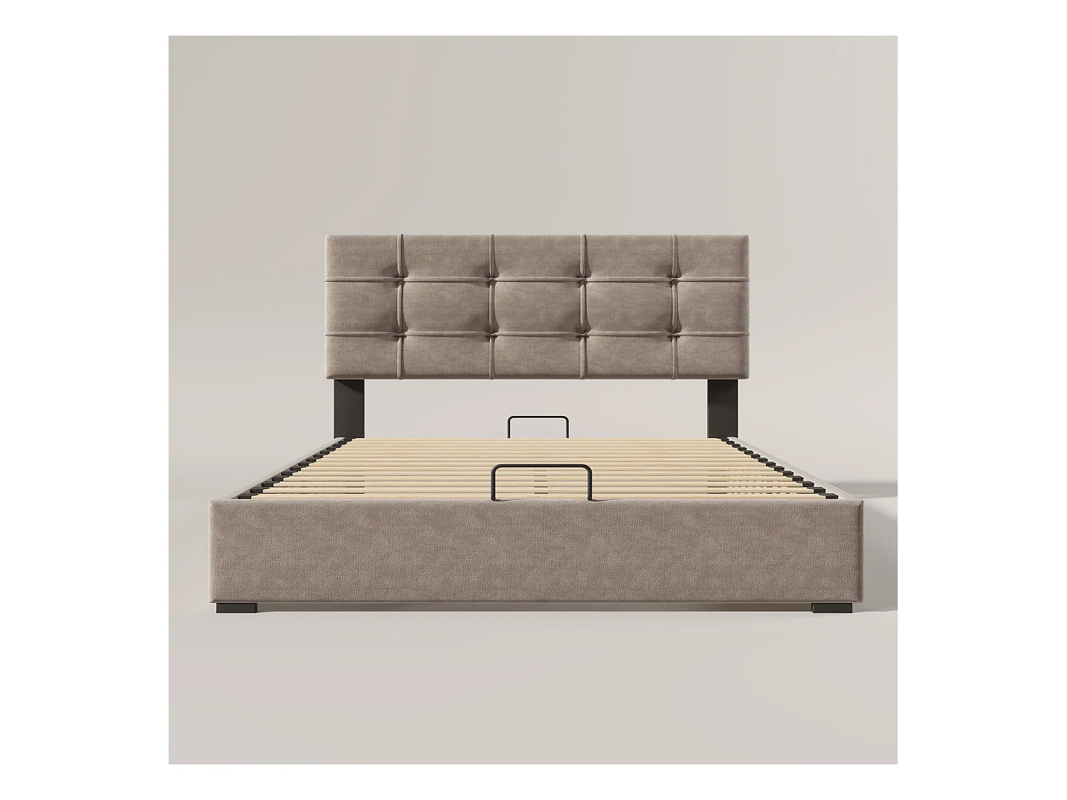 Lit coffre adulte 140x200cm gris clair en velours, tête de lit réglable en hauteur, sans matelas