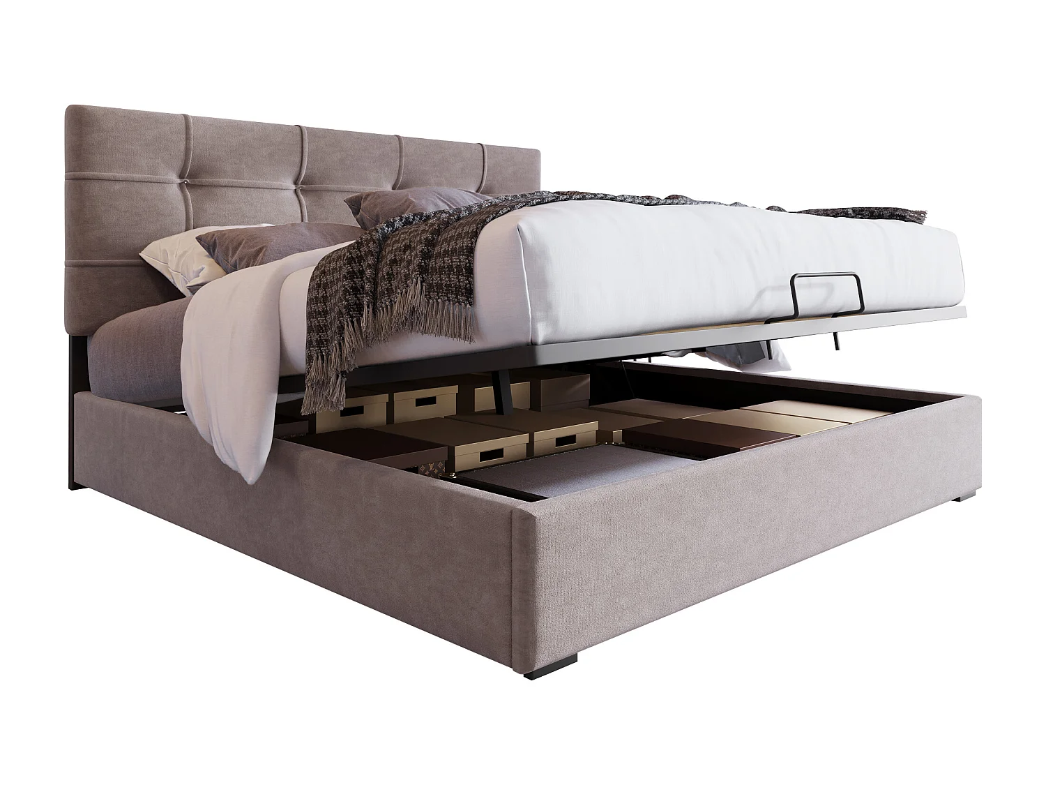 Cama con almacenaje 140x200 cm gris claro en terciopelo, cabecero ajustable en altura, sin colchón