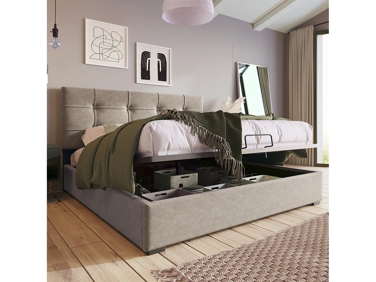 Cama con almacenaje 140x200 cm gris claro en terciopelo, cabecero ajustable en altura, sin colchón