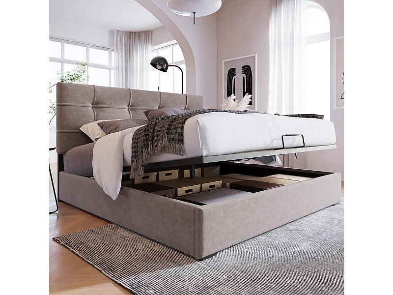 Cama com arrumação 140x200 cm cinza claro em veludo, cabeceira regulável em altura, sem colchão