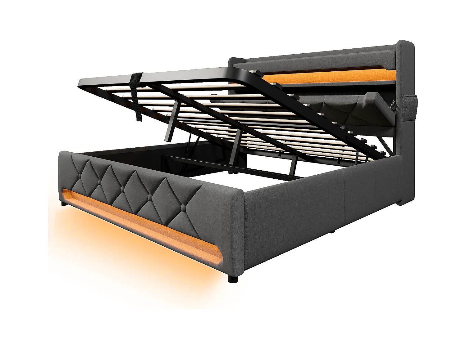 Lit coffre adulte 160x200cm avec LED et USB Type-C, lin, gris, sans matelas