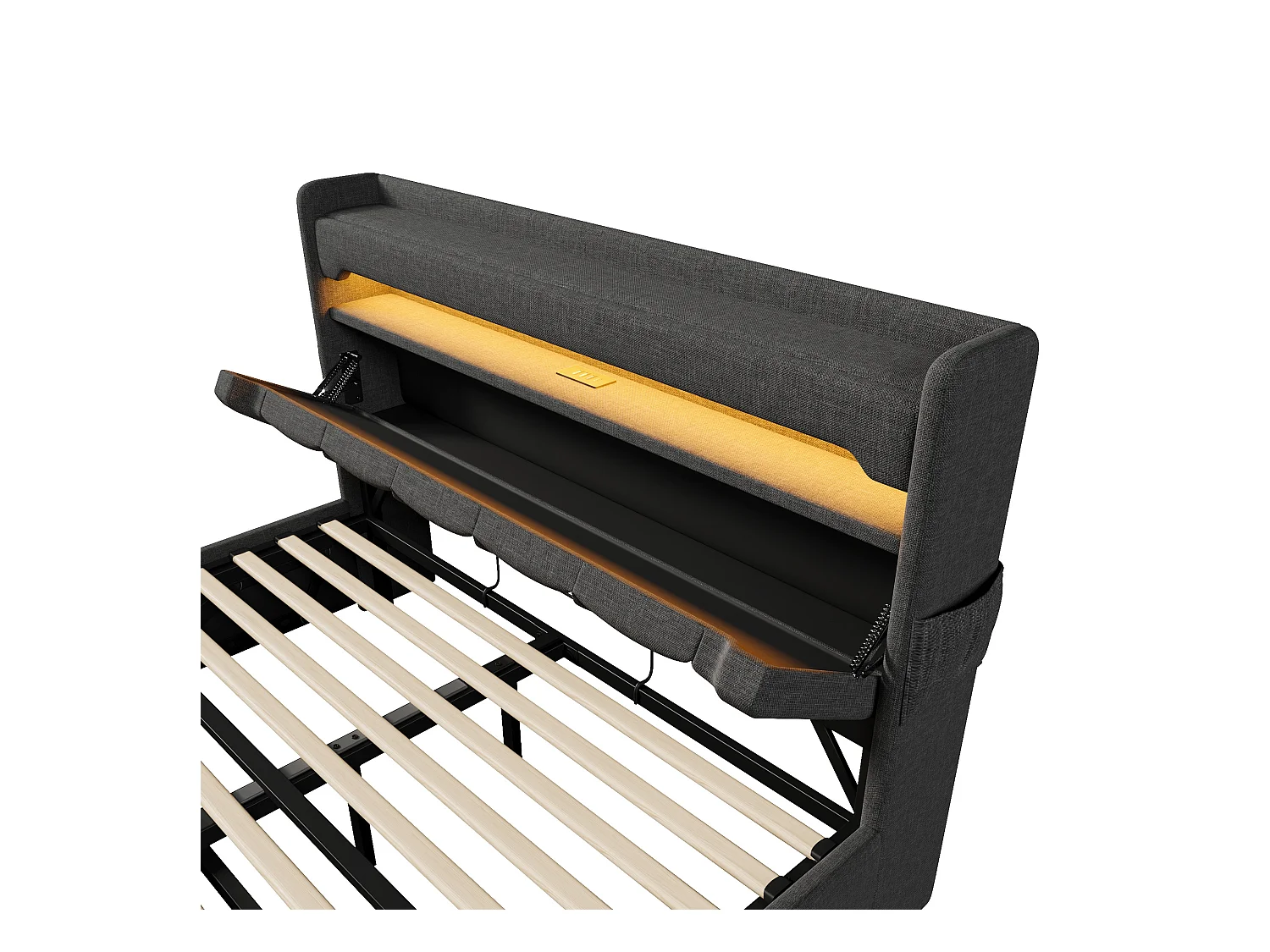 Lit coffre adulte 160x200cm avec LED et USB Type-C, lin, gris, sans matelas