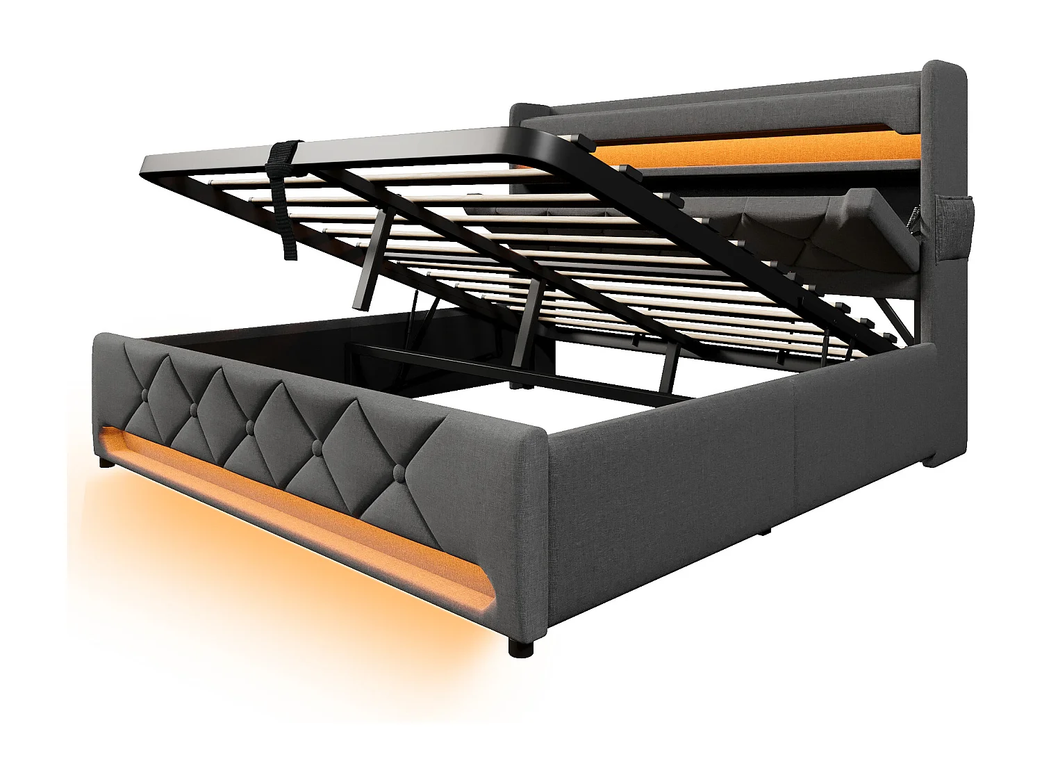 Lit coffre adulte 160x200cm avec LED et USB Type-C, lin, gris, sans matelas