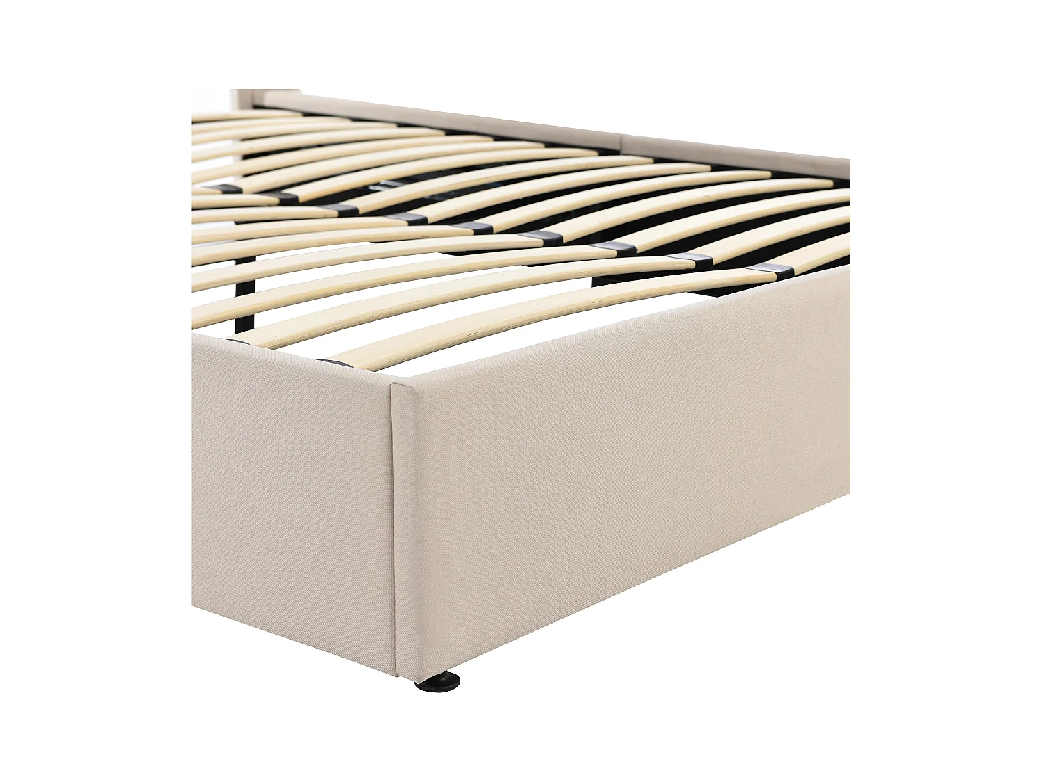 Lit coffre adulte 140x200cm, sommier à lattes en bois, métal+lin, beige, sans matelas