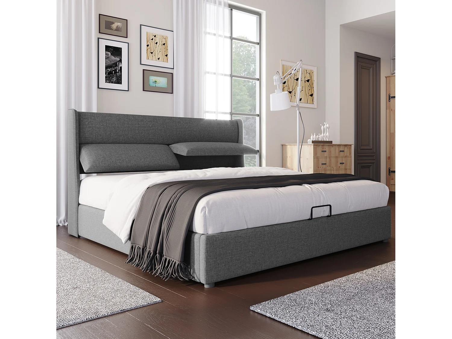 Lit coffre adulte 140x200cm en lin avec appuie-têtes réglables et sommier, sans matelas, gris