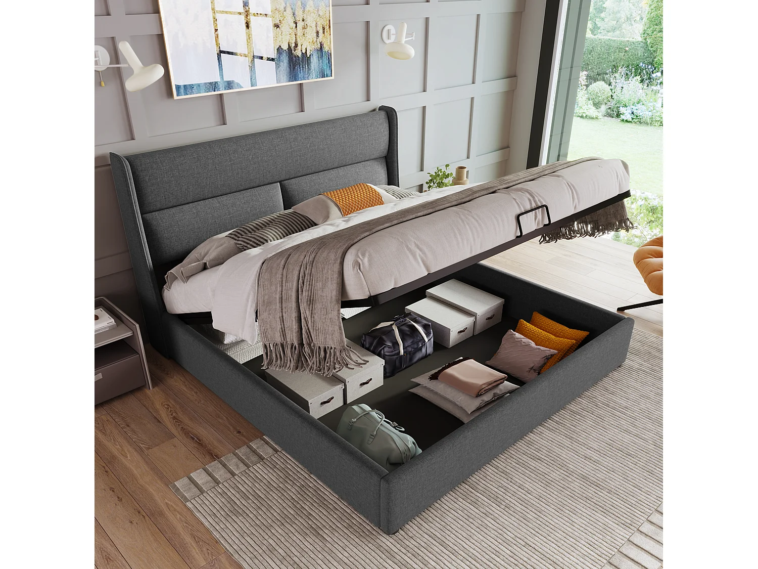 Letto matrimoniale in lino 140x200 cm con testiere regolabili e rete, senza materasso, colore grigio