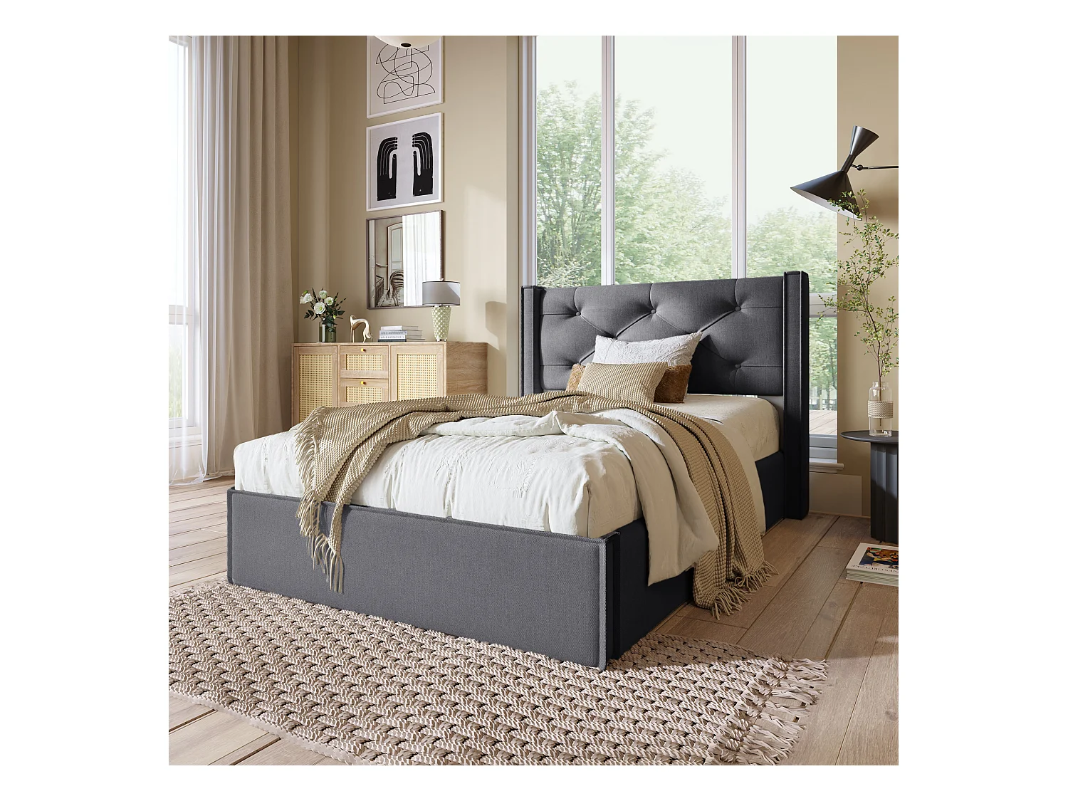 Lit coffre 90x200cm en cotton avec espace de rangement, gris, Sommier à lattes, sans matelas