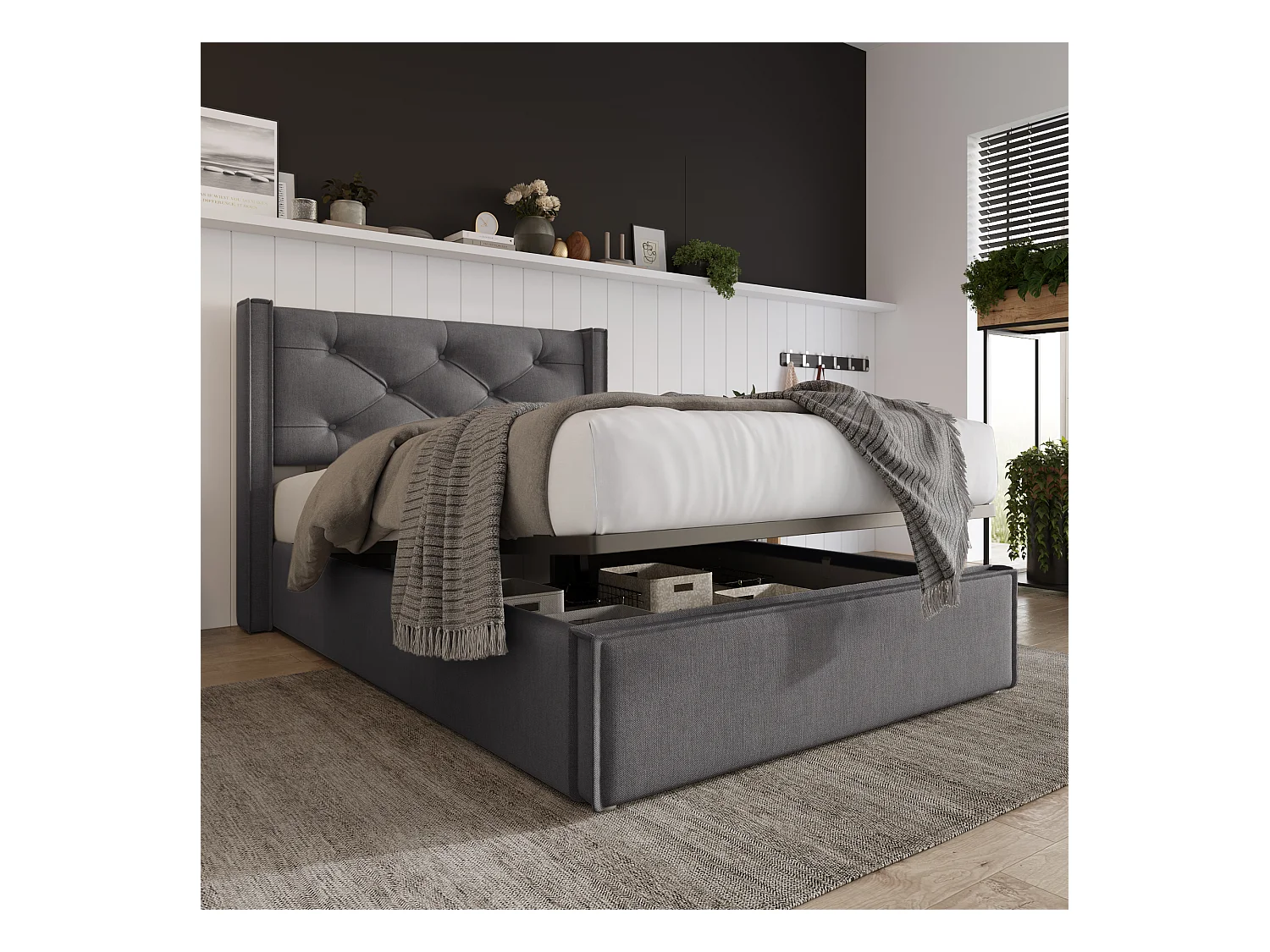 Lit coffre 90x200cm en cotton avec espace de rangement, gris, Sommier à lattes, sans matelas