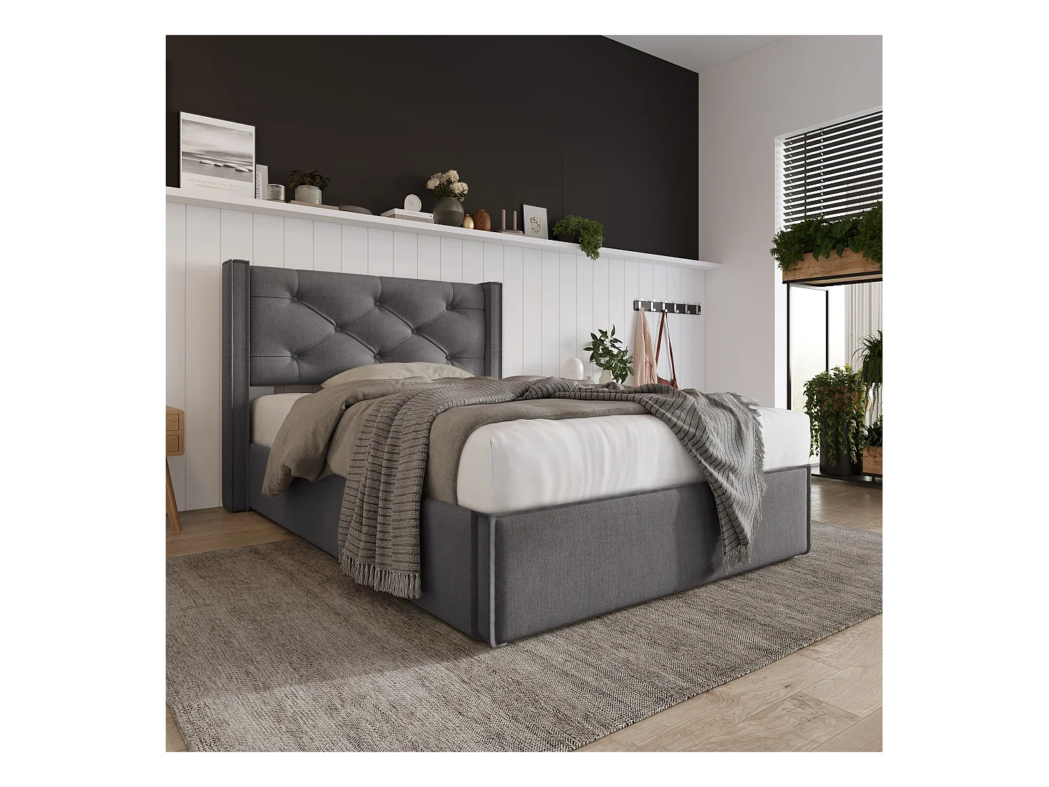 Lit coffre 90x200cm en cotton avec espace de rangement, gris, Sommier à lattes, sans matelas