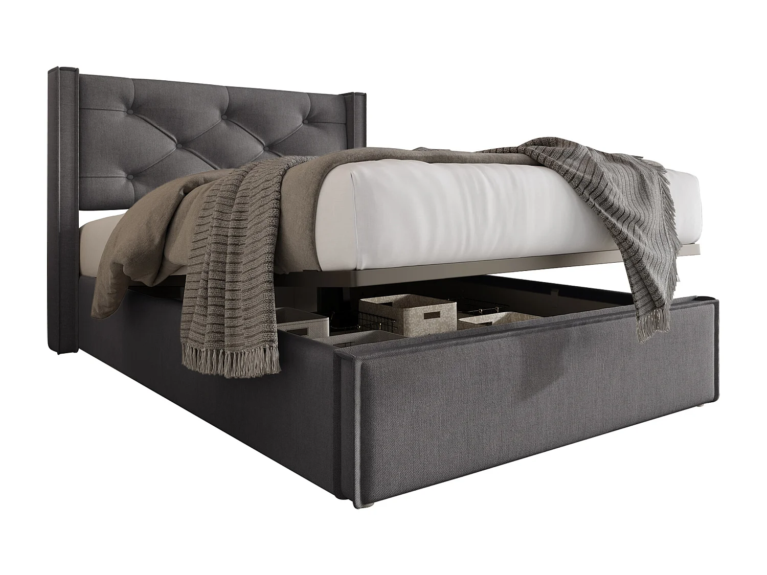 Lit coffre 90x200cm en cotton avec espace de rangement, gris, Sommier à lattes, sans matelas
