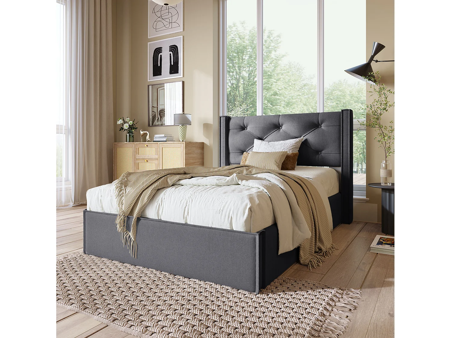 Lit coffre 90x200cm en cotton avec espace de rangement, gris, Sommier à lattes, sans matelas