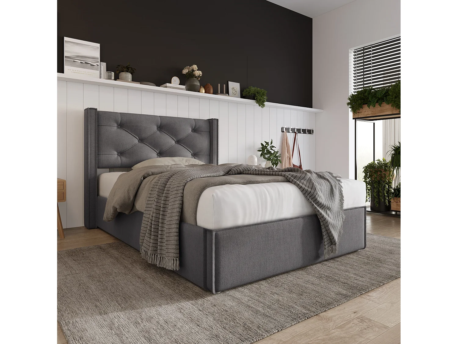 Lit coffre 90x200cm en cotton avec espace de rangement, gris, Sommier à lattes, sans matelas