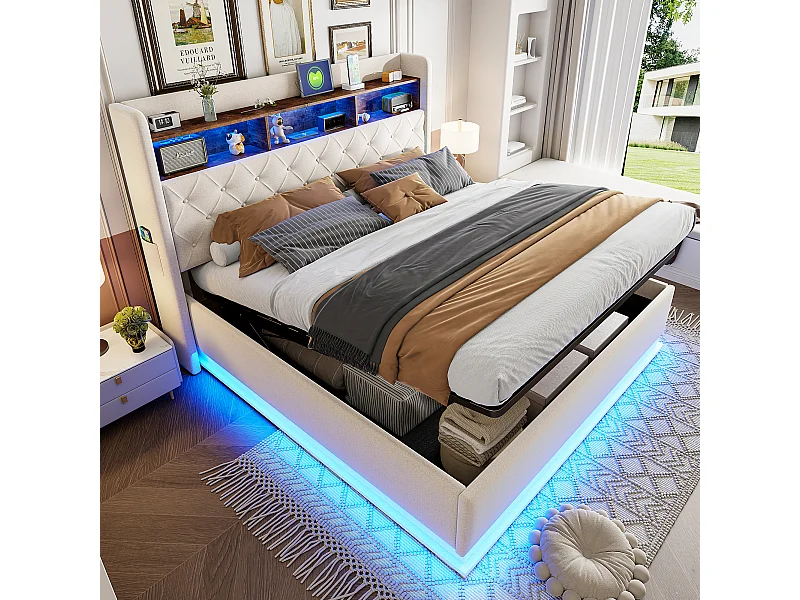 Lit coffre adulte 180x200cm avec LED et USB Type-C, lin, beige, sans matelas