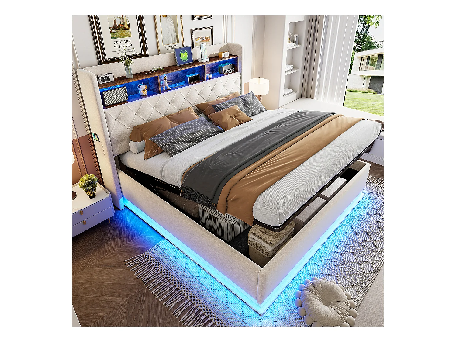 Lit coffre adulte 180x200cm avec LED et USB Type-C, lin, beige, sans matelas