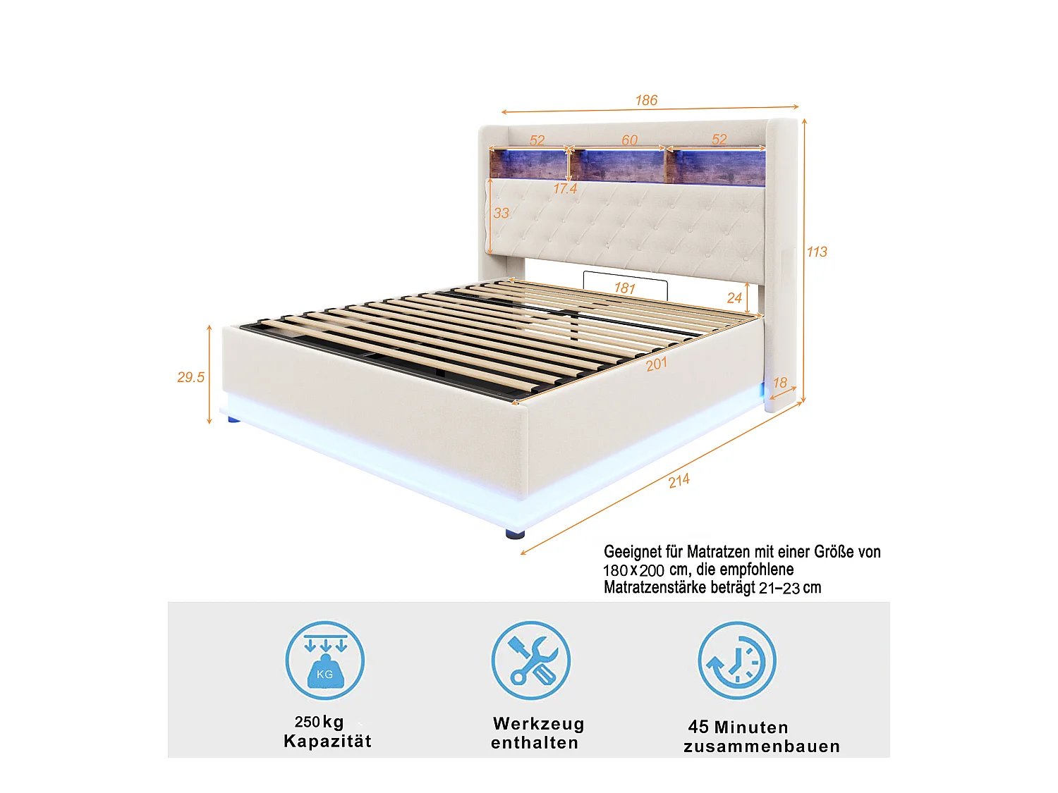 Lit coffre adulte 180x200cm avec LED et USB Type-C, lin, beige, sans matelas