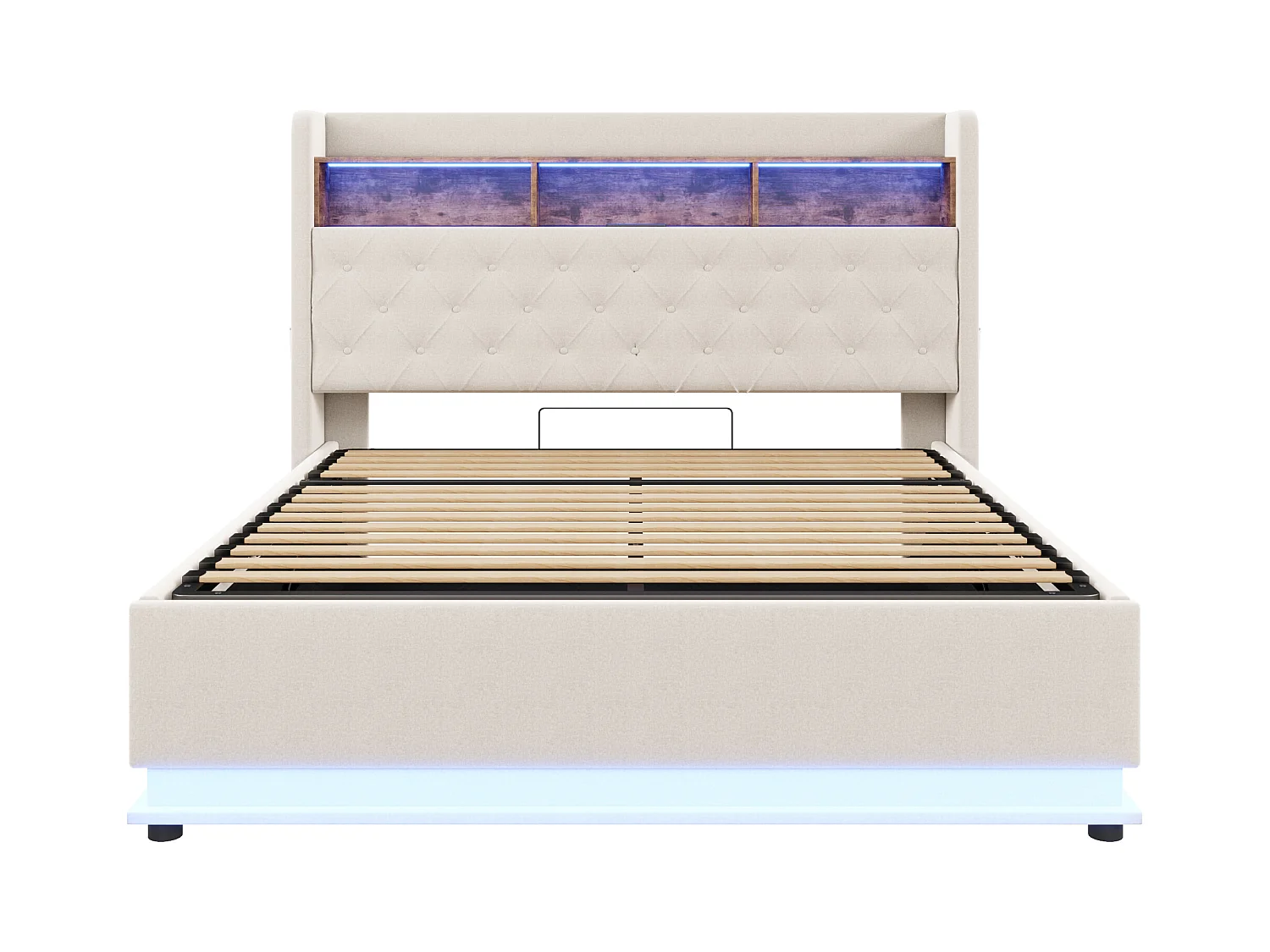 Lit coffre adulte 180x200cm avec LED et USB Type-C, lin, beige, sans matelas