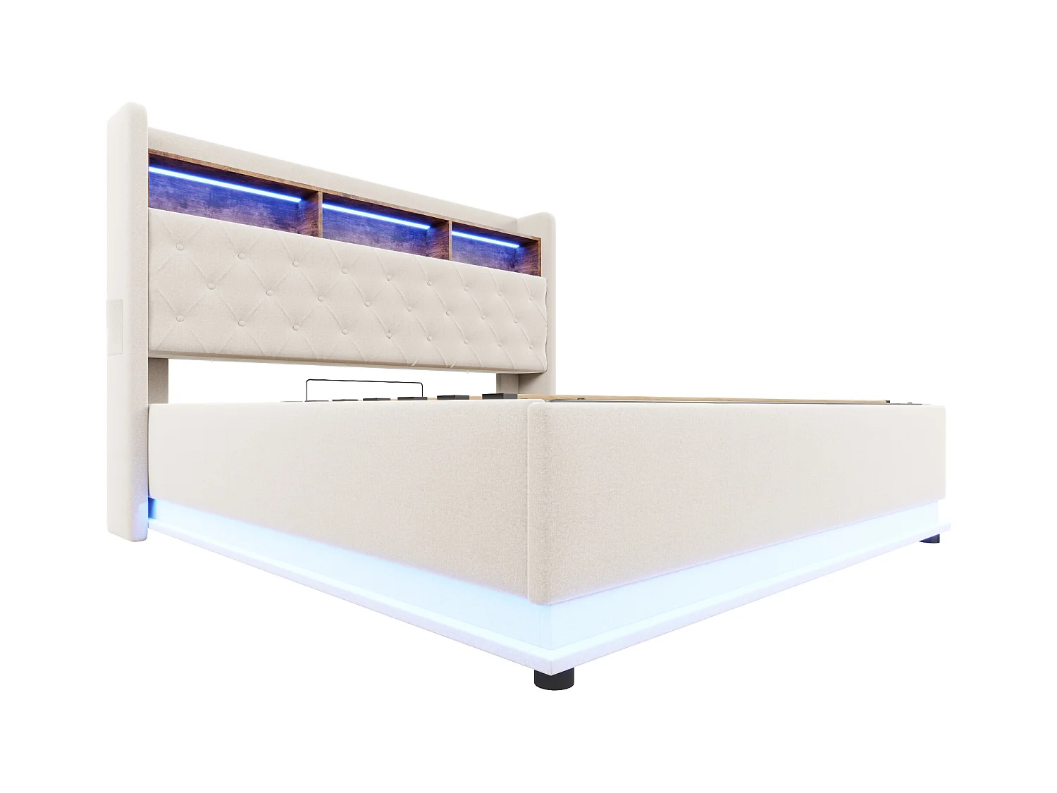 Lit coffre adulte 180x200cm avec LED et USB Type-C, lin, beige, sans matelas
