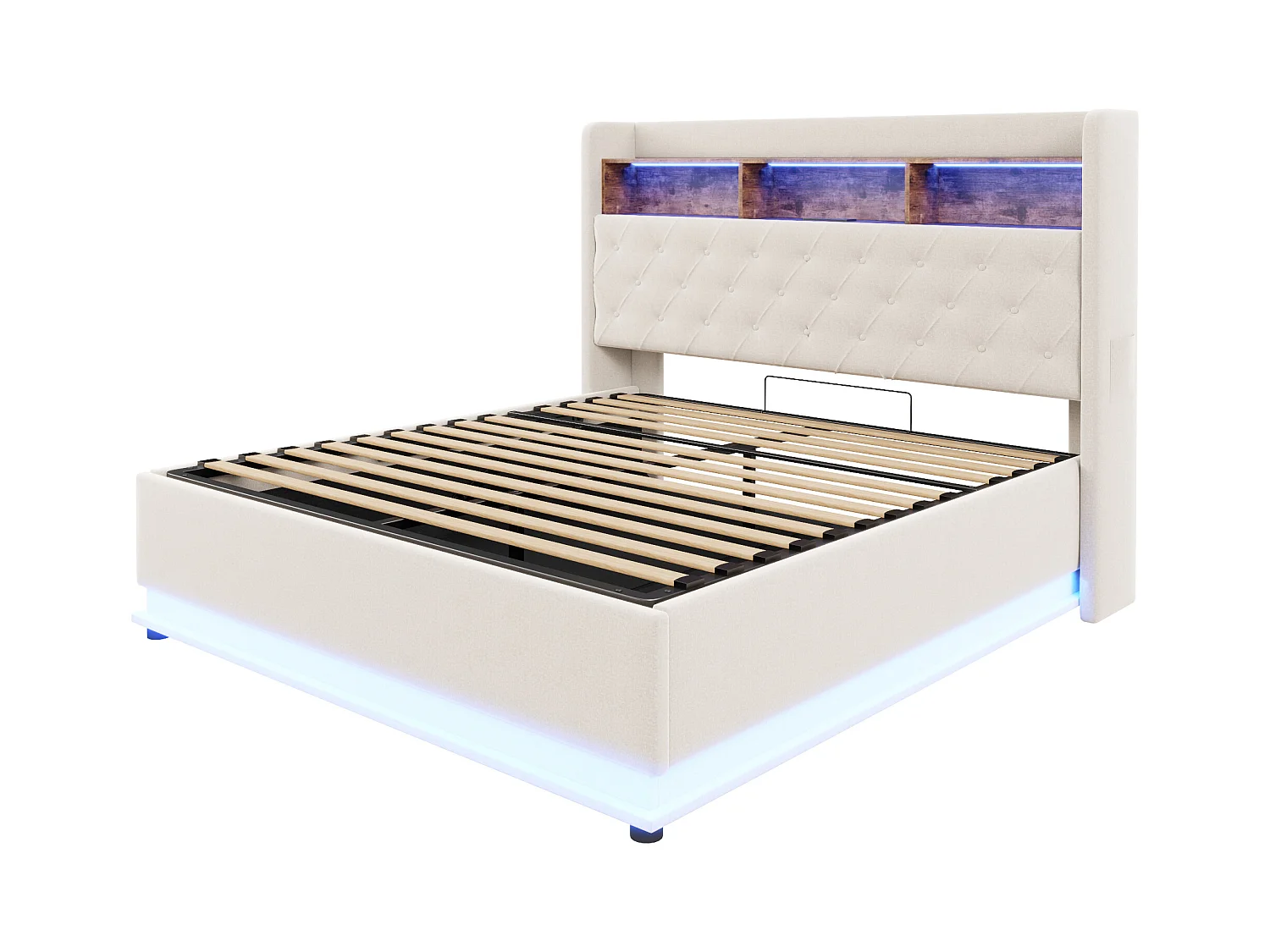 Lit coffre adulte 180x200cm avec LED et USB Type-C, lin, beige, sans matelas