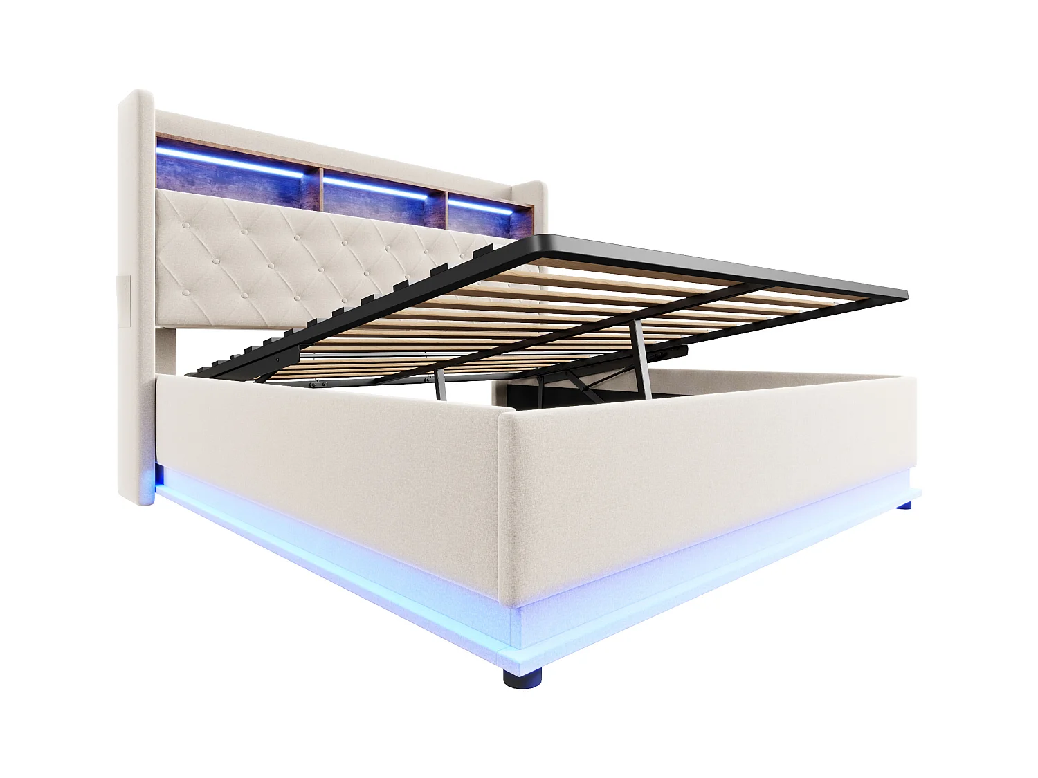 Lit coffre adulte 180x200cm avec LED et USB Type-C, lin, beige, sans matelas