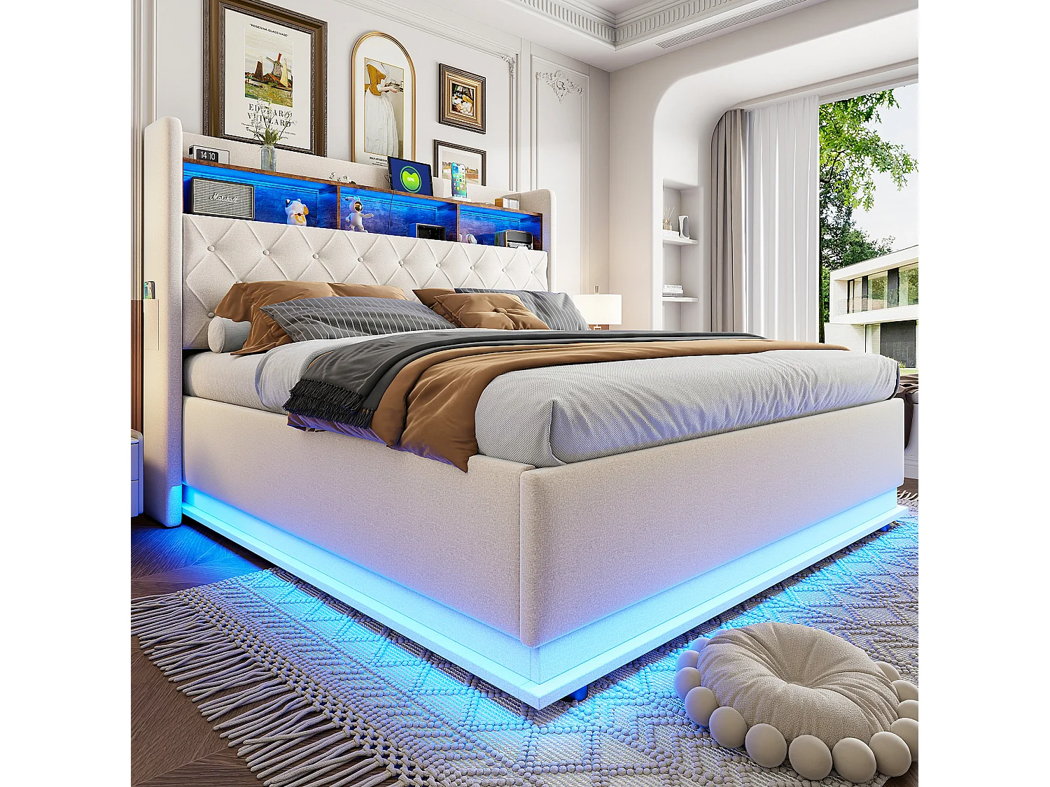 Cama baú casal 180x200 cm com LED e USB Tipo-C, linho bege, sem colchão