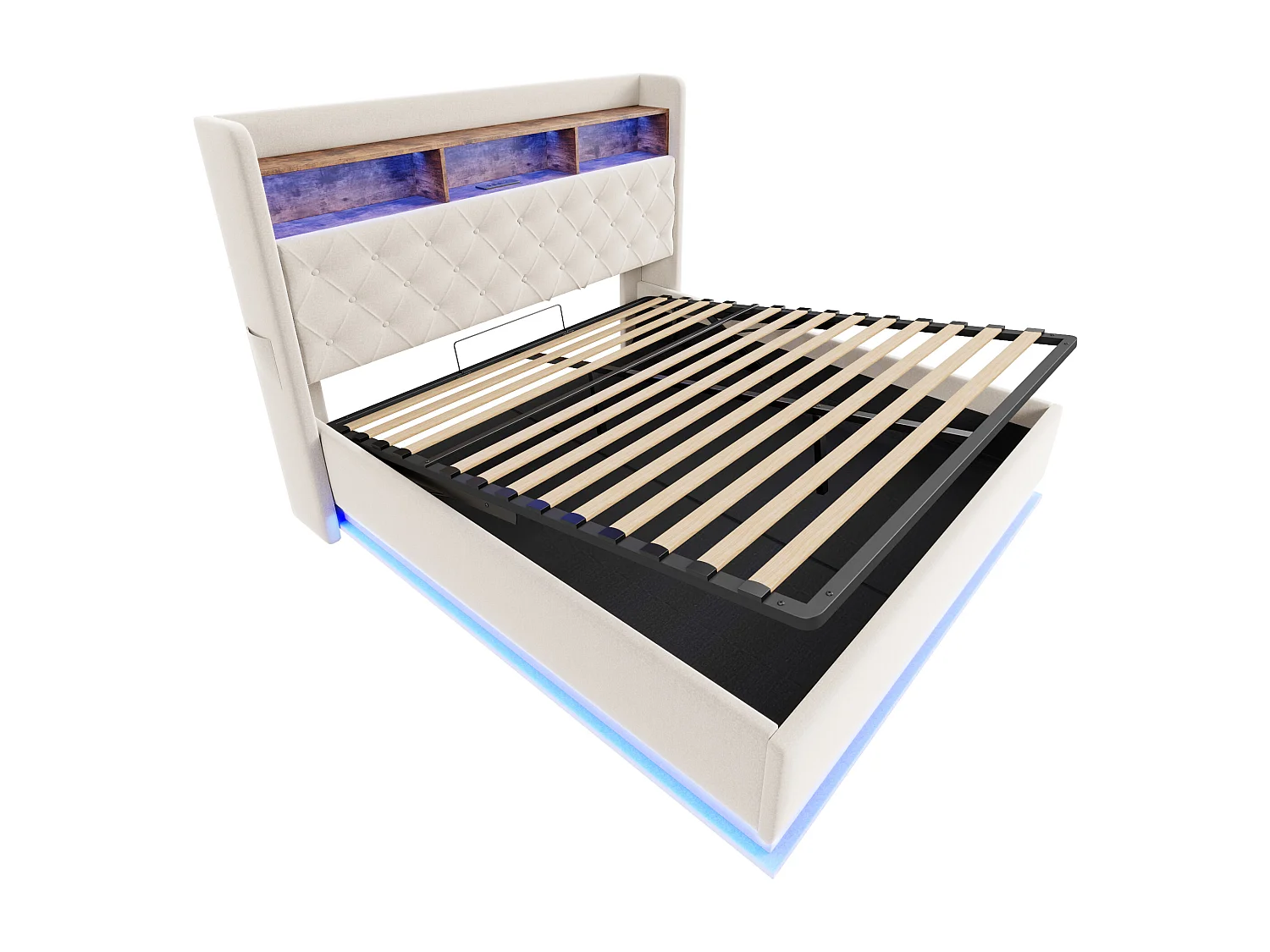 Cama baú casal 180x200 cm com LED e USB Tipo-C, linho bege, sem colchão