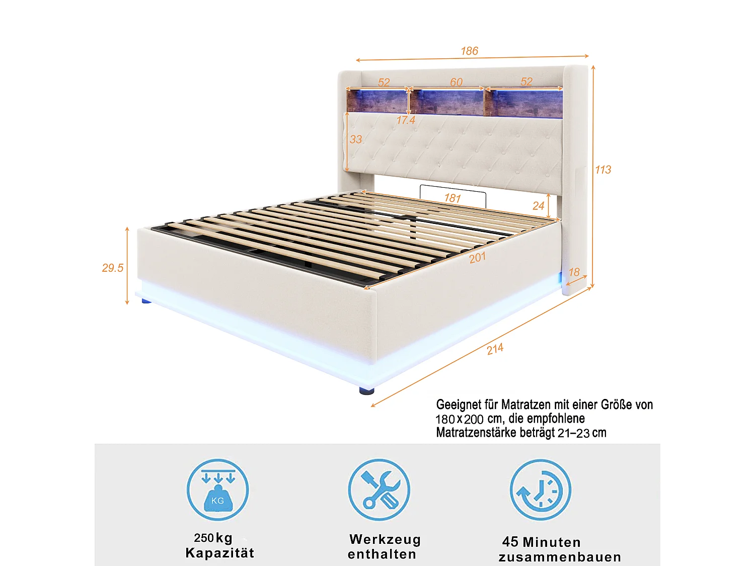Cama baú casal 180x200 cm com LED e USB Tipo-C, linho bege, sem colchão