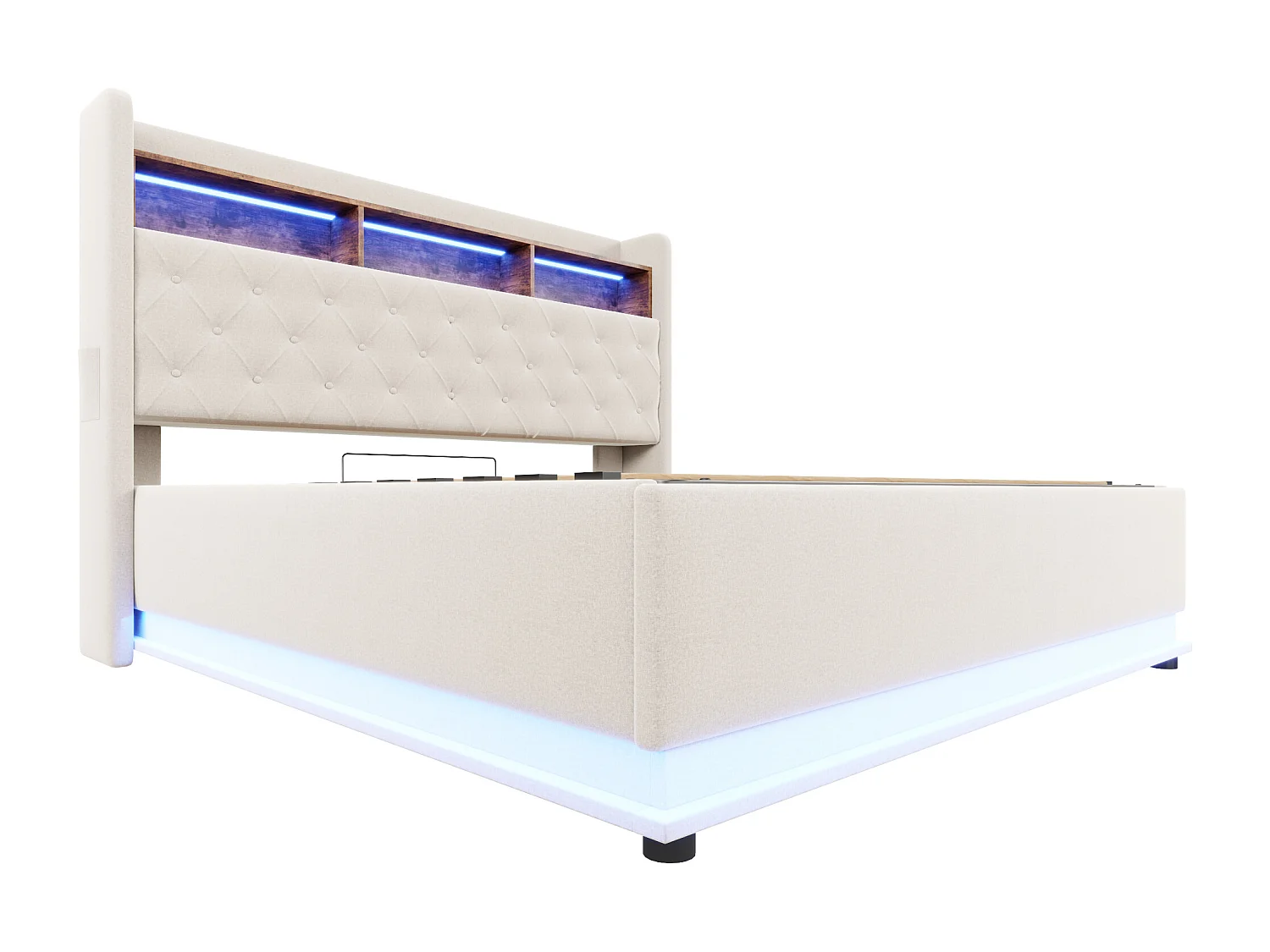 Cama baú casal 180x200 cm com LED e USB Tipo-C, linho bege, sem colchão
